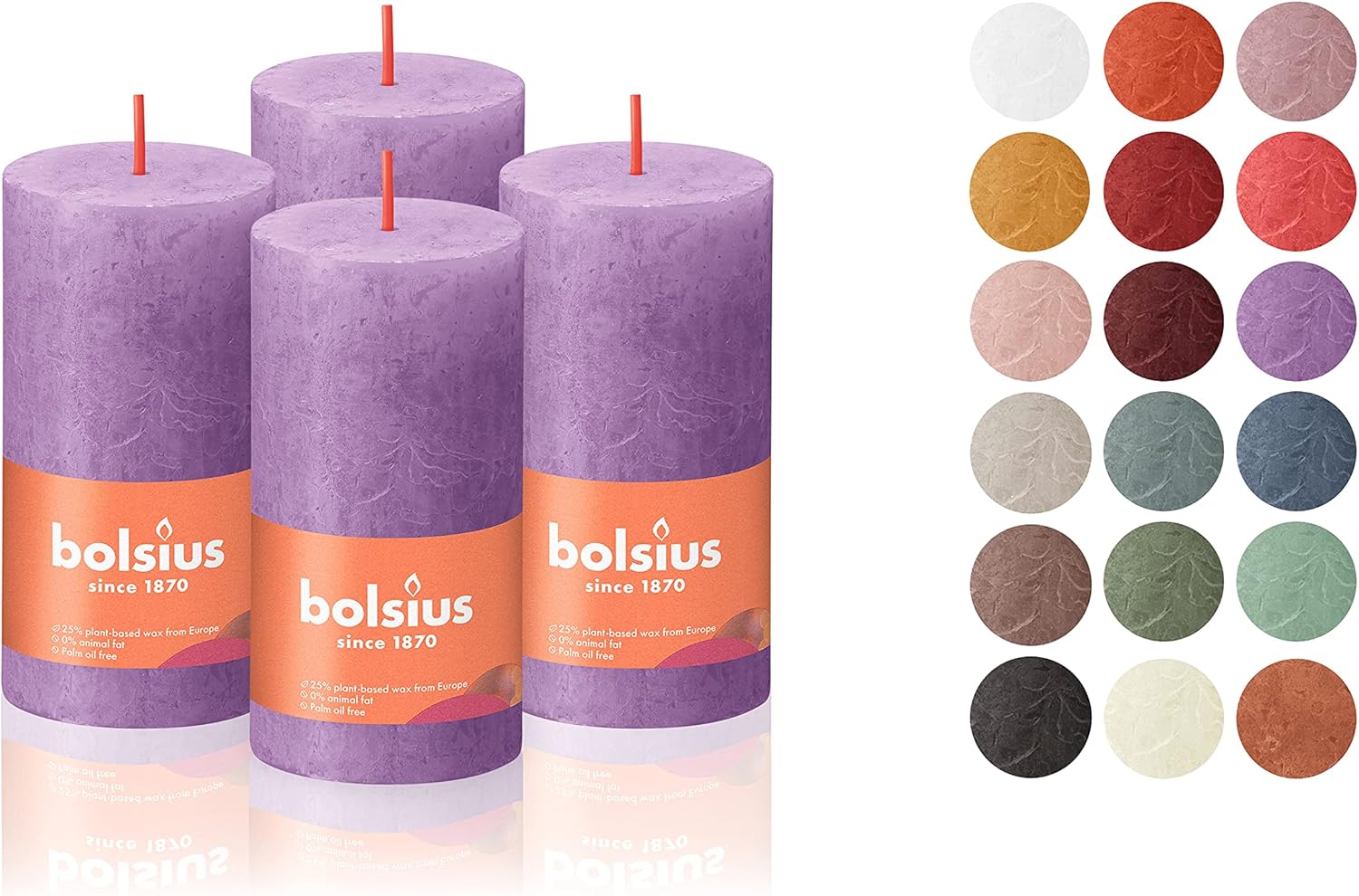 BOLSIUS Paquete de 4 velas rústicas de pilar violeta vibrante (púrpura), 2 x 4 pulgadas, calidad europea premium, incluye cera natural a base de