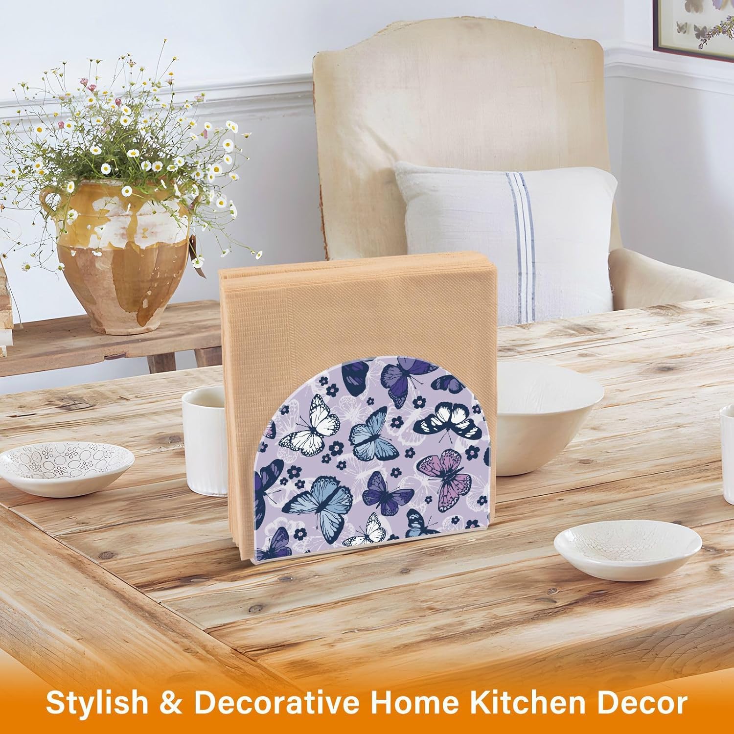 Servilletero acrílico de flores de mariposa de dibujos animados para mesa de cocina, soporte decorativo moderno para el hogar