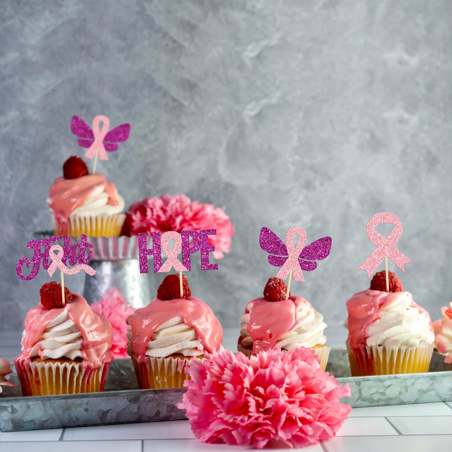 Gyufise 24 piezas de adornos para cupcakes con purpurina para concientización sobre el cáncer de mama, mariposa, lucha, esperanza, beliveve, cinta