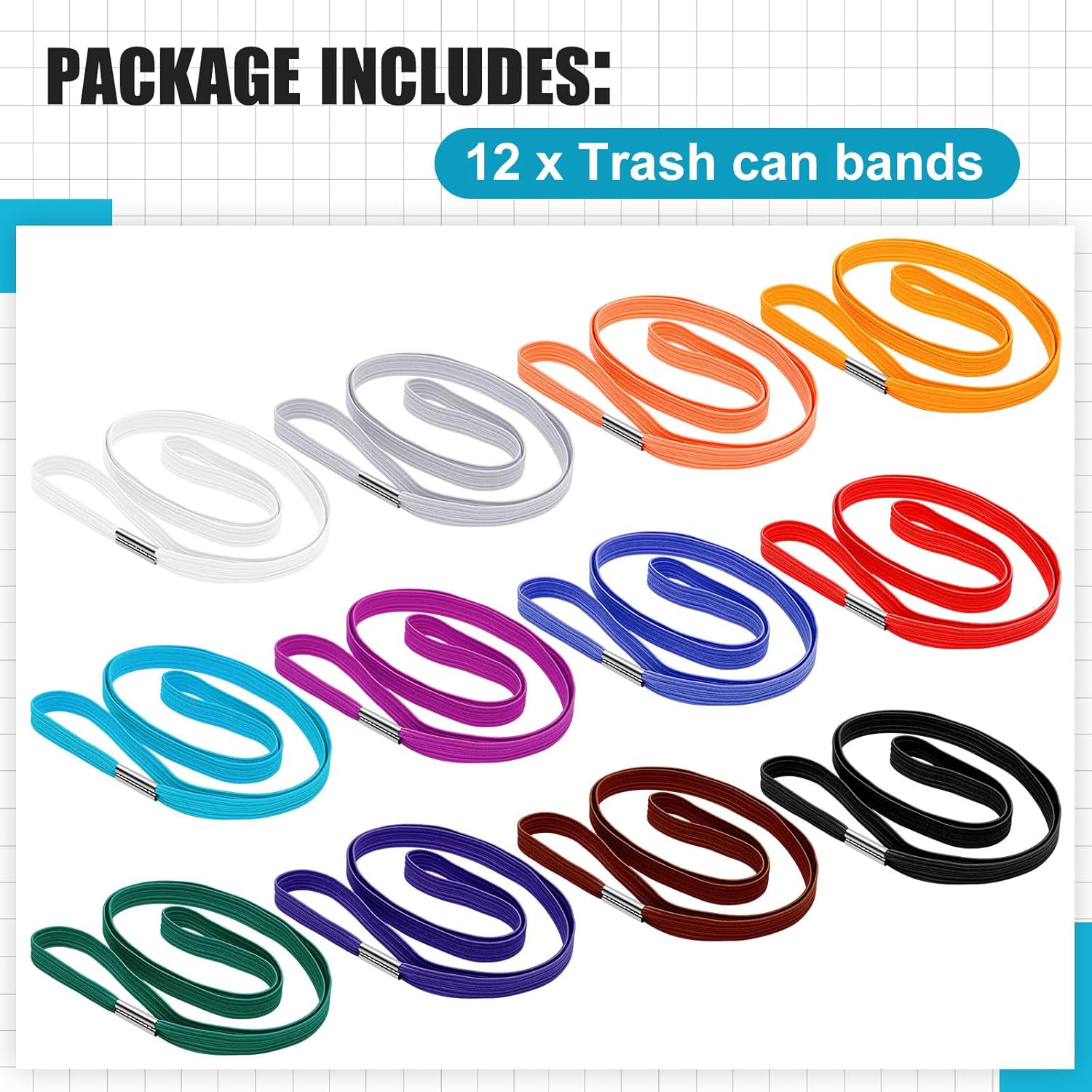 Riakrum 12 bandas de basura de 3.28 pies que se adaptan a botes de basura de 13 a 30 galones, bandas de basura coloridas para bolsas de basura en