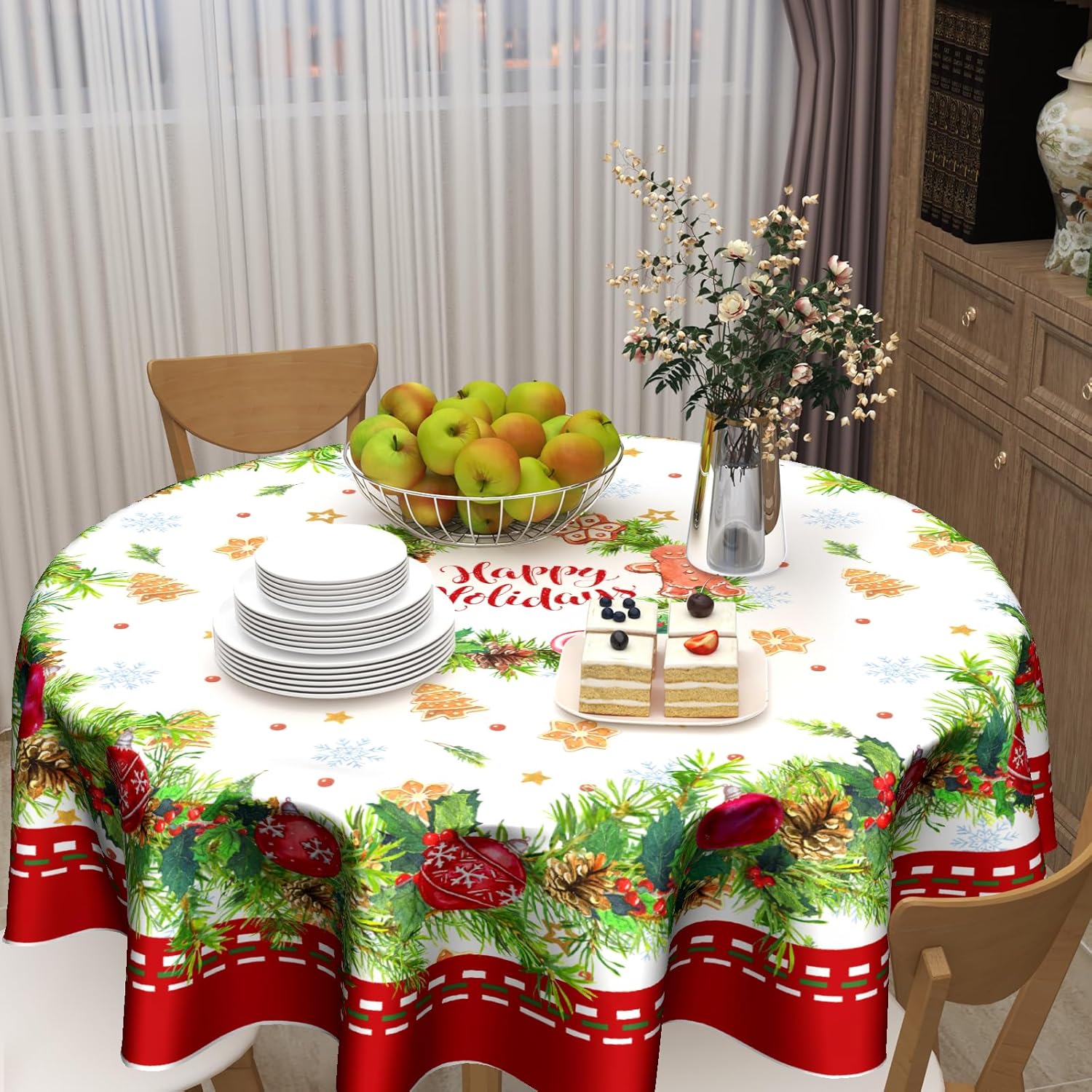 Giwawa Mantel redondo de bola de Navidad de 60 pulgadas, impermeable, cubierta de mesa para el hogar, restaurante, cocina, picnic, decoración de