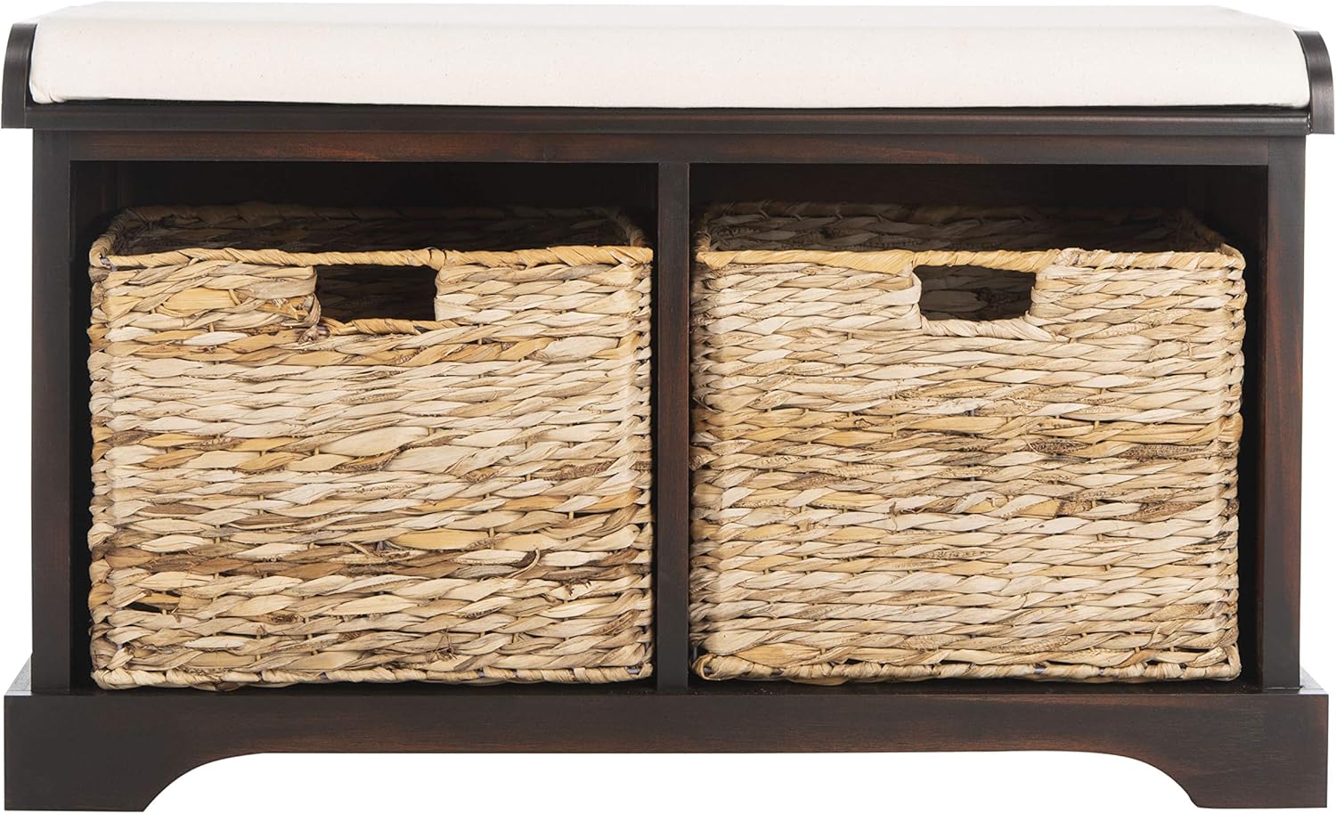 SAFAVIEH Home Collection Freddy – Banco de almacenamiento de mimbre con 2 cajones y cojín (totalmente montado)