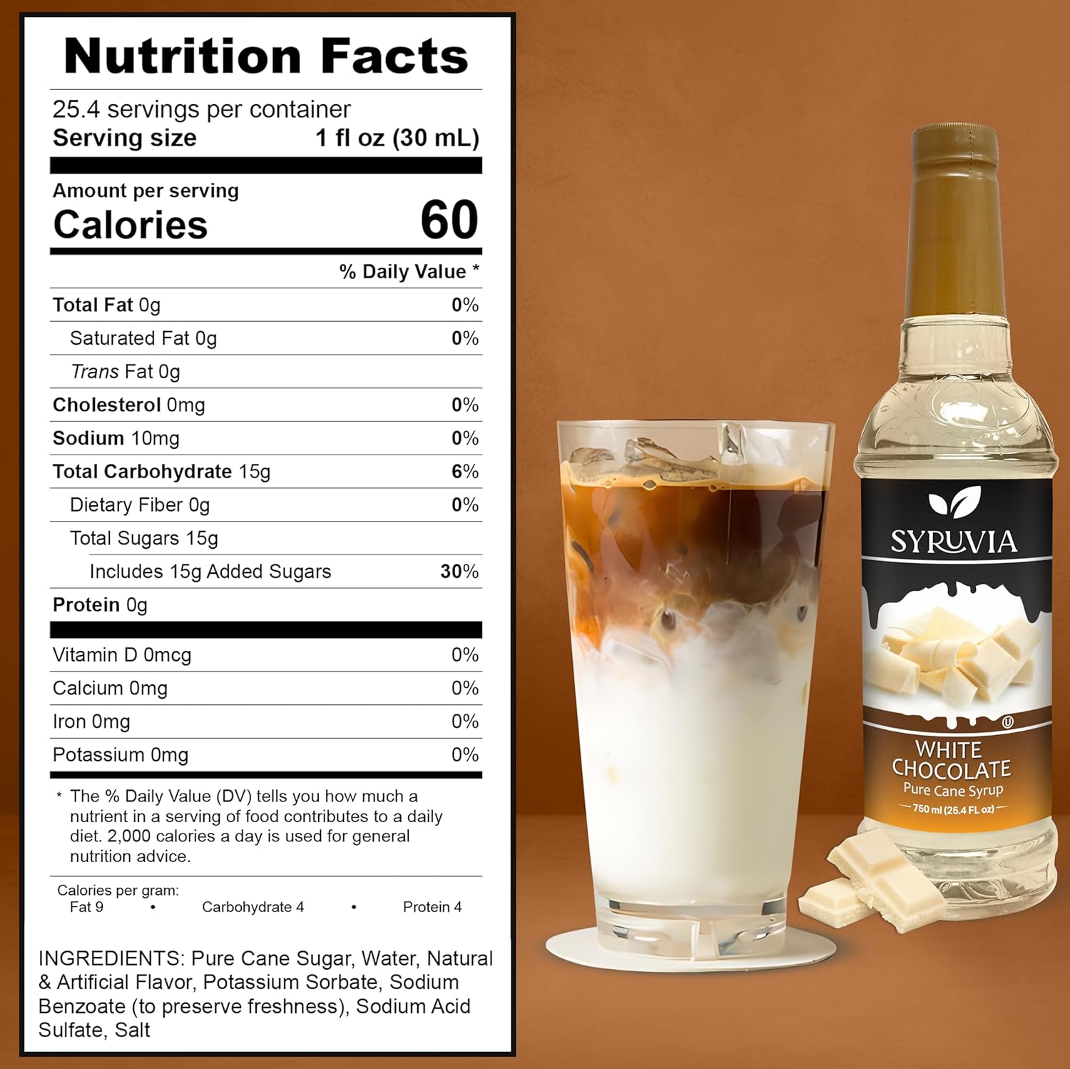 Syruvia Jarabe de chocolate blanco para café, jarabe de café de chocolate blanco suave, 25.4 onzas líquidas, Kosher, sin gluten, ideal para café,