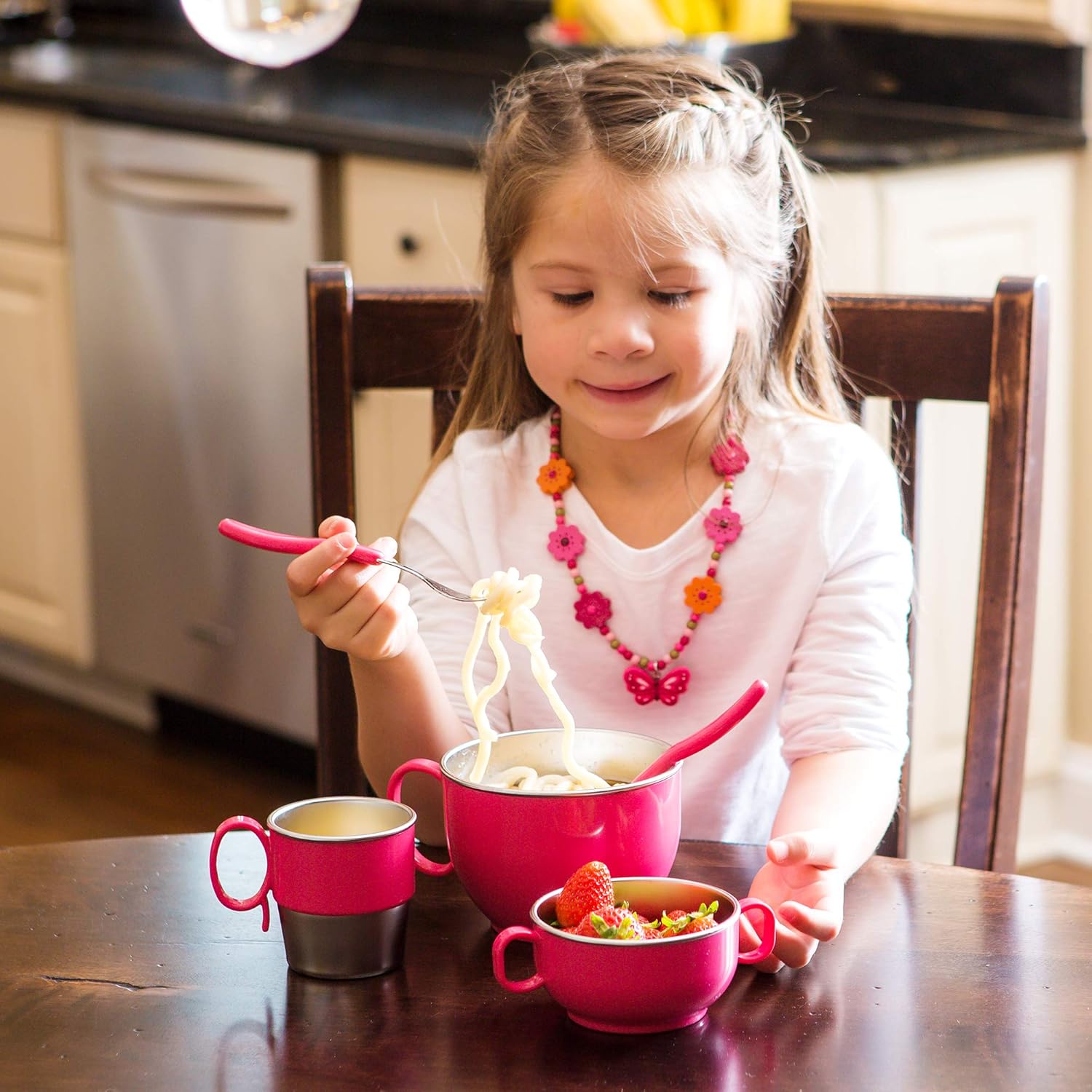 Innobaby Din Din Smart – Vaso de acero inoxidable (9 onzas) con asa para bebés, niños pequeños y niños. Sin BPA, rosa, 9.5 onzas