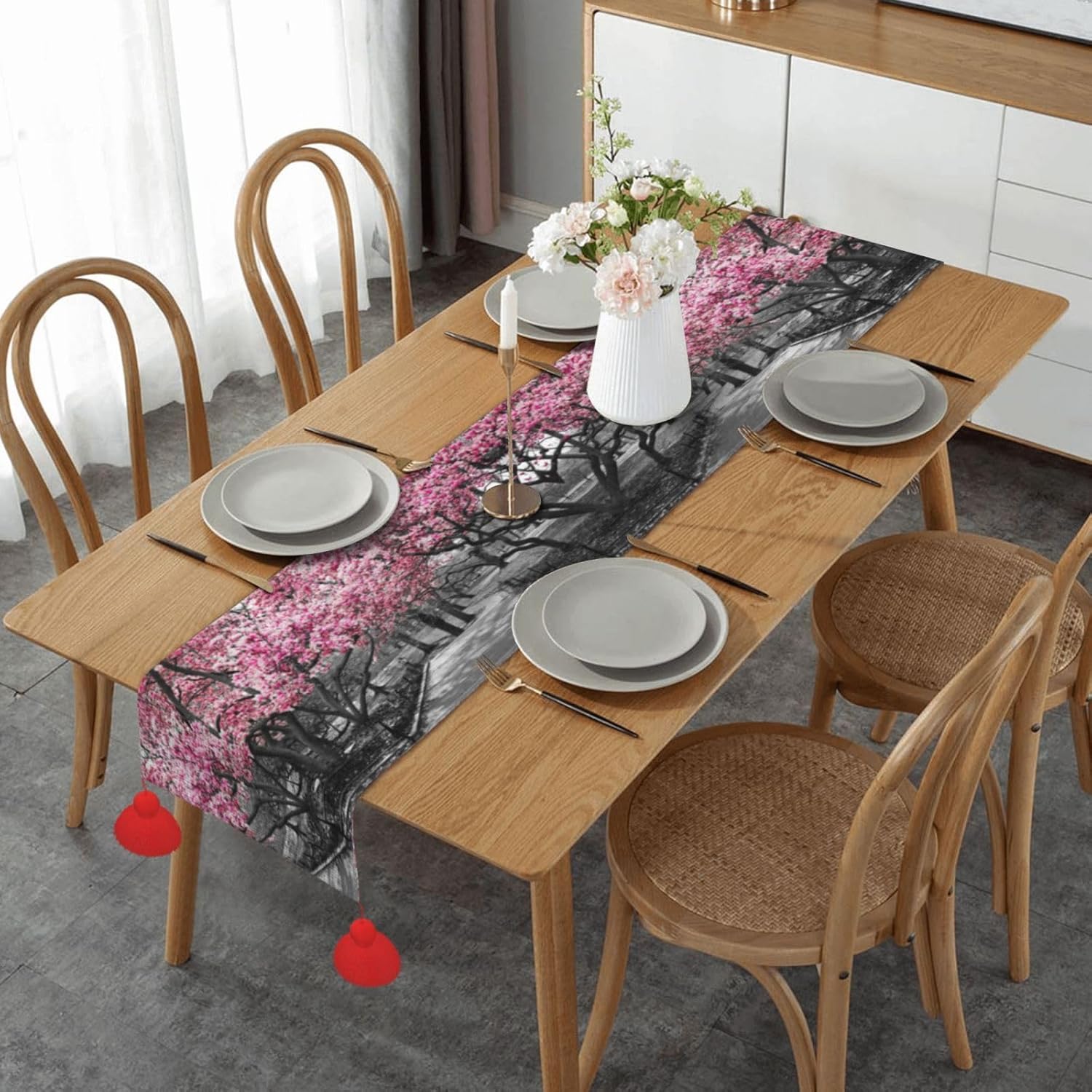 Camino de mesa de Navidad de bosque de cerezos, decoración de mesa de comedor, decoración de Navidad, decoración de interiores del hogar, caminos de
