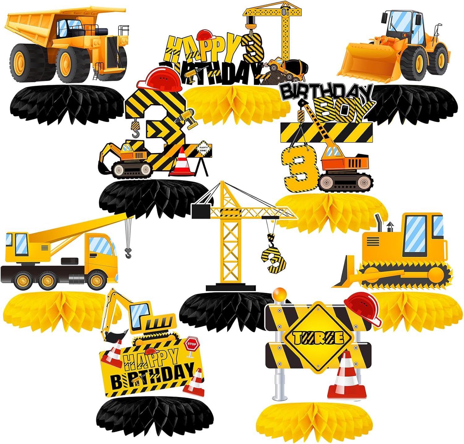 10 centros de mesa de construcción de panal de abeja para decoración de fiesta de tercer cumpleaños para niños, camión volquete, cono, zona de