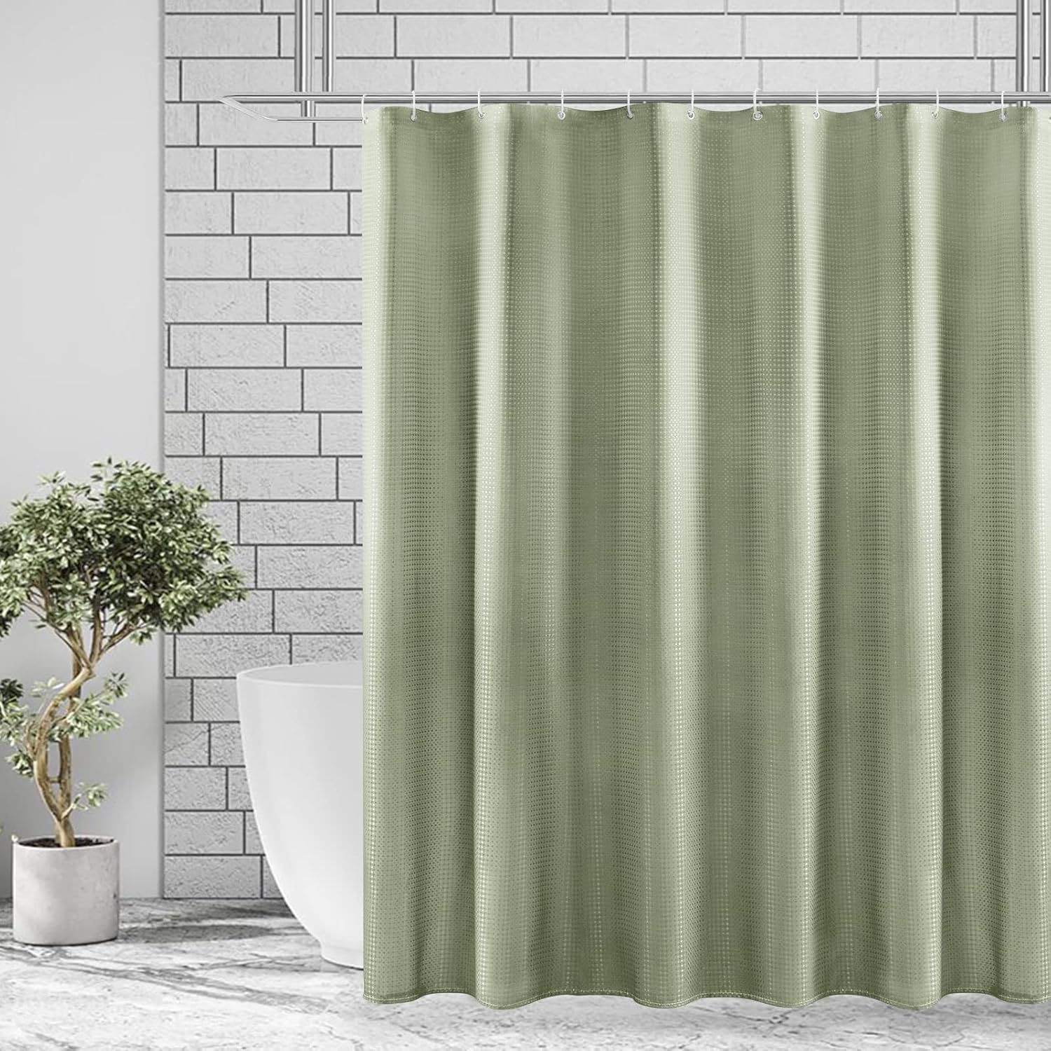 Cortina de ducha verde salvia, cortina de ducha de tejido gofre para juego de baño con ganchos, decoración impermeable de lujo estilo spa de hotel,