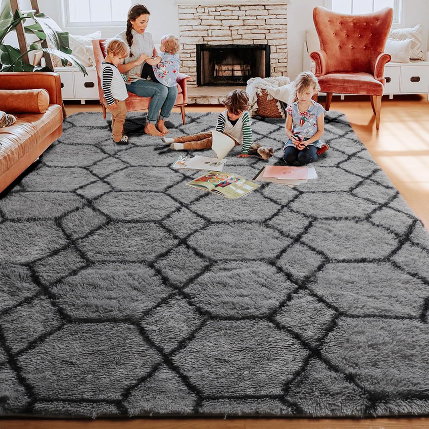 Alfombra grande y moderna para sala de estar, dormitorio, alfombra de suelo de 6 x 9 pies, alfombra gris y negra, alfombra geométrica marroquí para