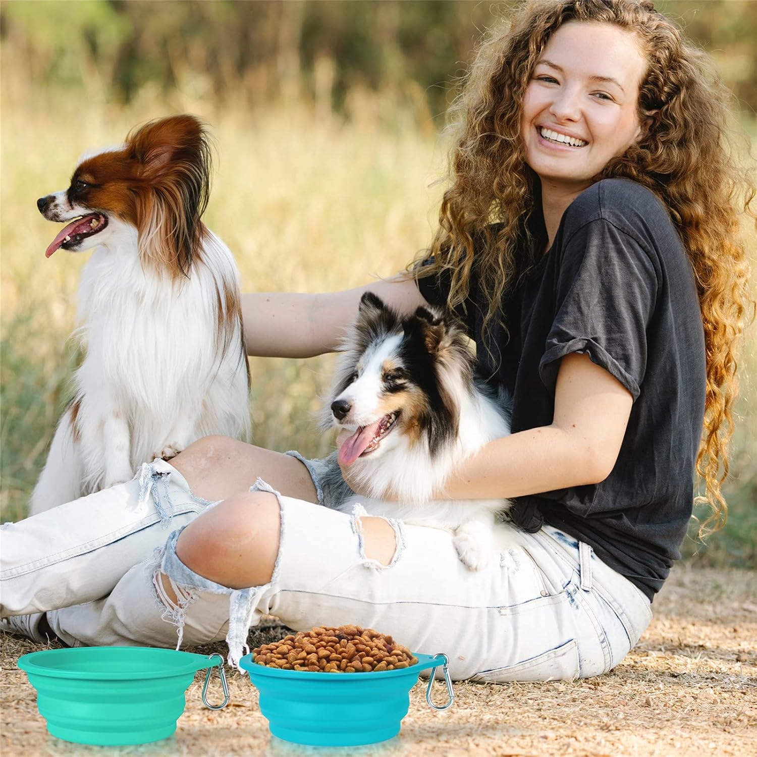 SLSON Juego de 2 cuencos plegables para perros, cuencos de viaje integrados sin borde de plástico, cuencos de alimentación para mascotas para