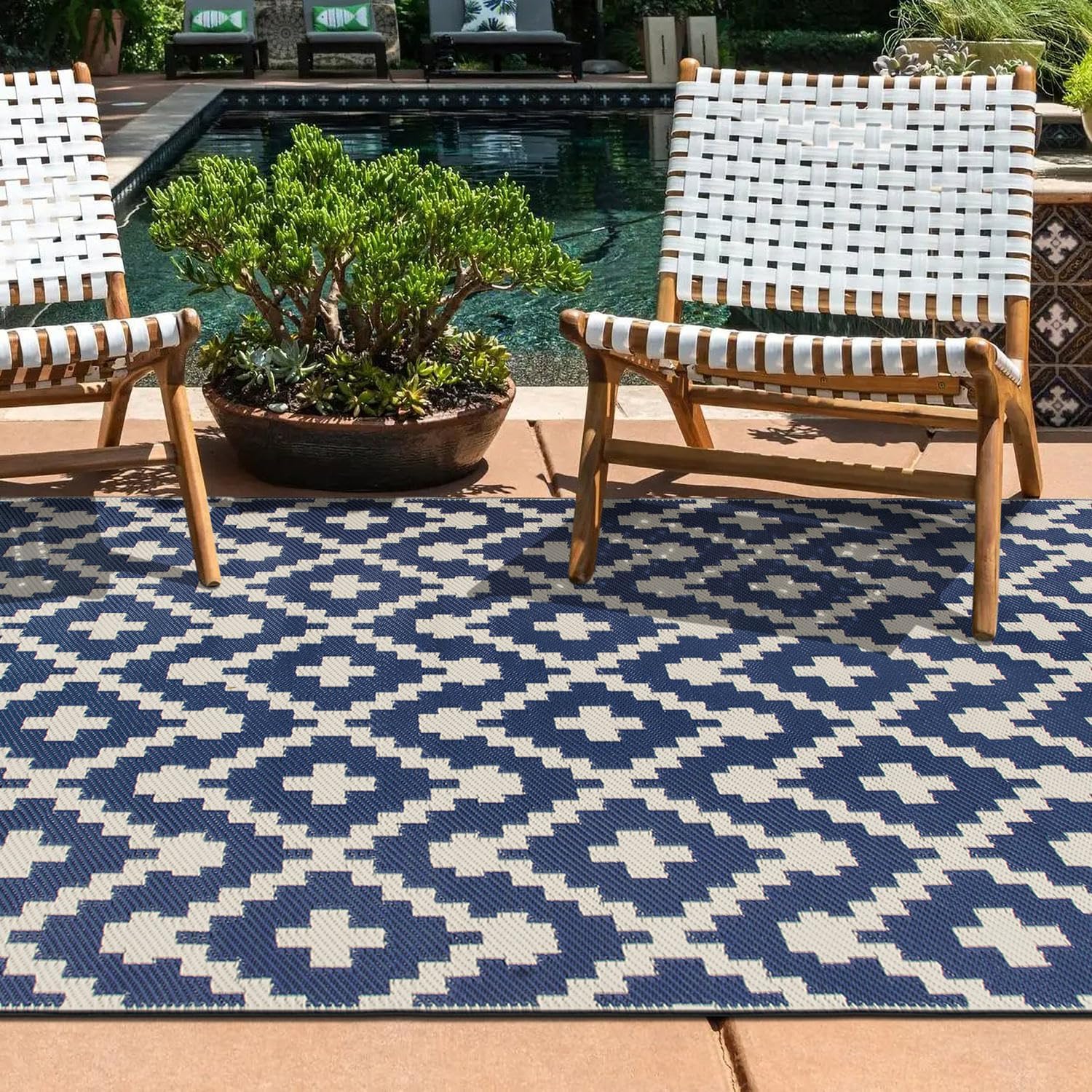 Rugshop Maui – Alfombras geométricas contemporáneas reversibles sin arrugas, impermeables, de plástico reciclado de alta calidad, para patio, patio,