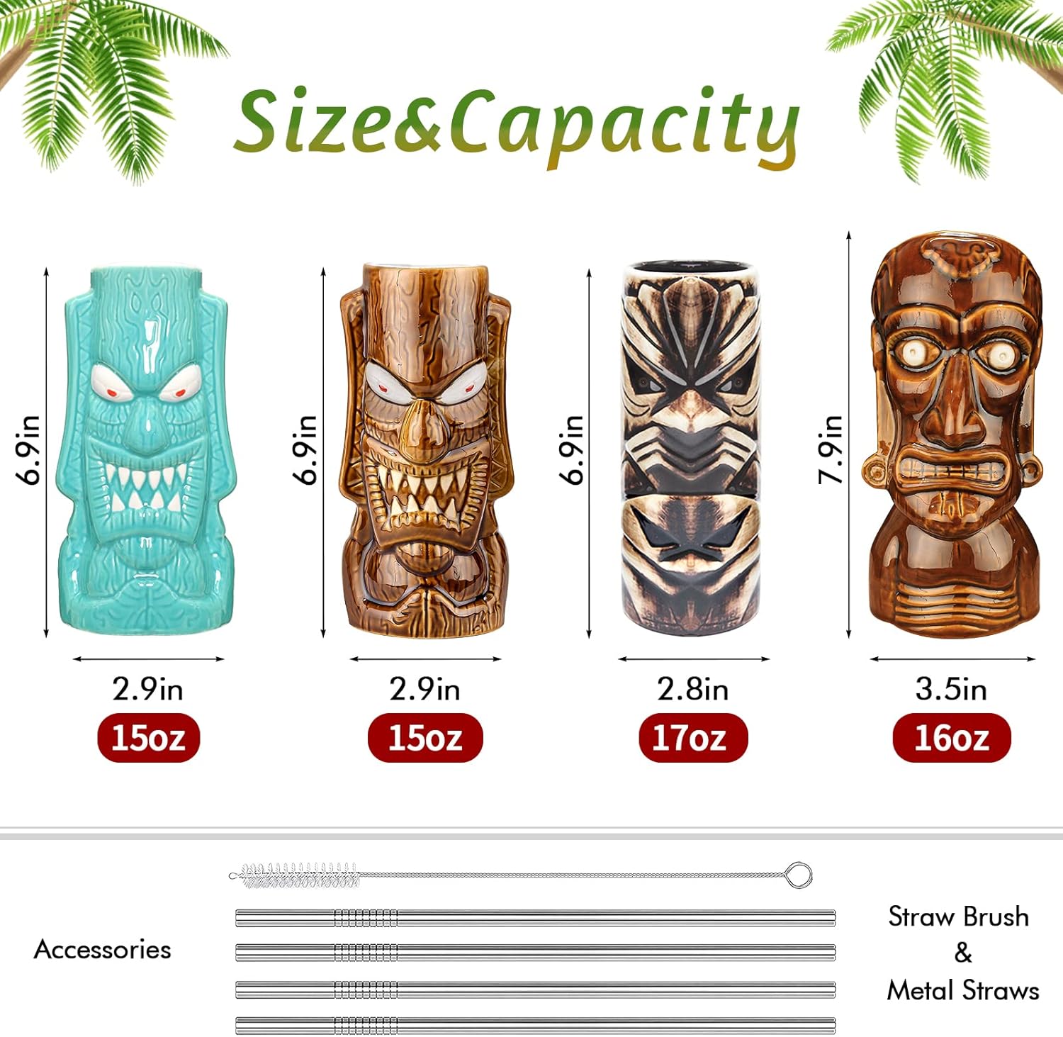Tiki – Juego de 4 tazas de cerámica para fiestas Tiki para cócteles, decoración de bar, juego de tazas grandes hawaianas tropicales para beber