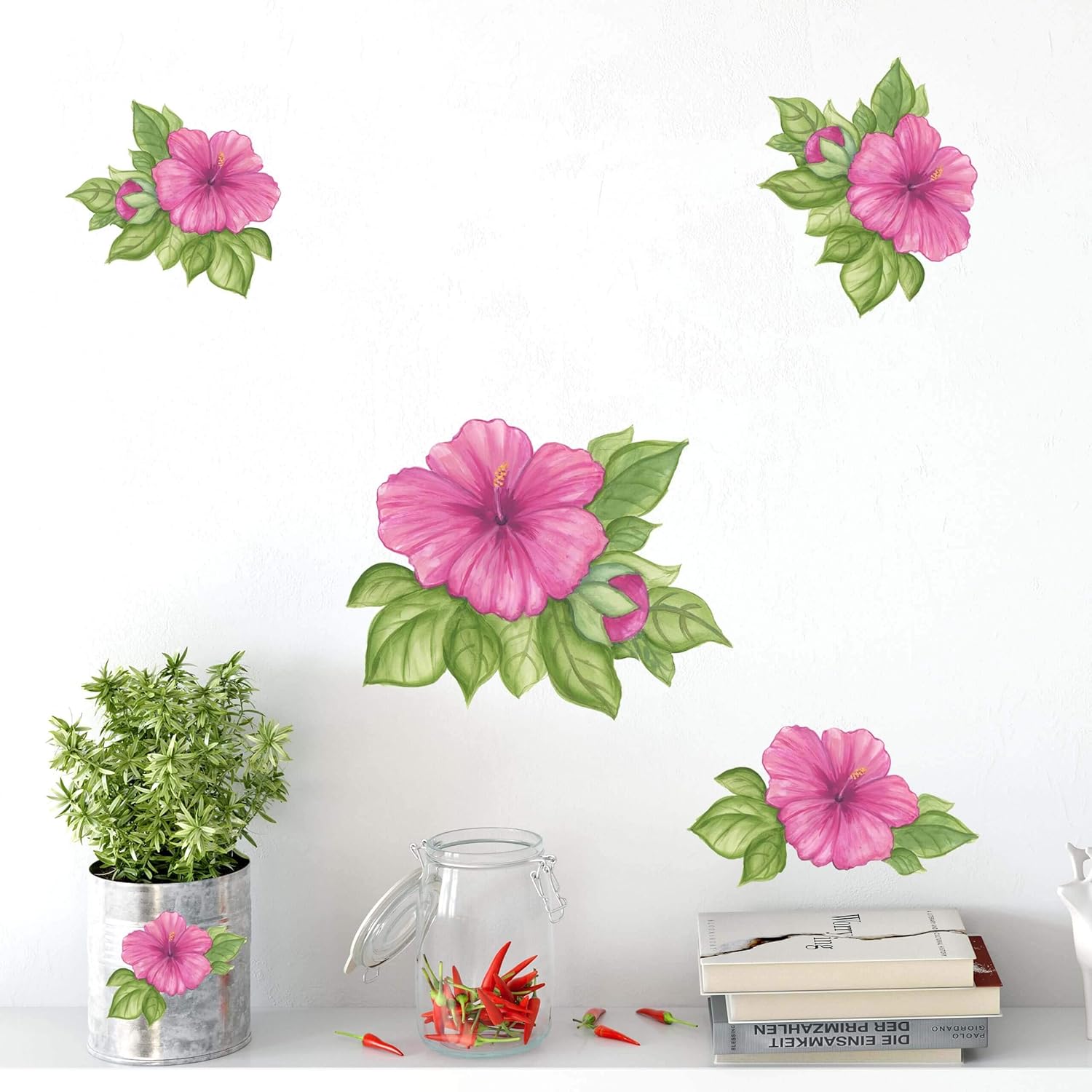 Create-A-Mural Calcomanías de pared de acuarela de flores de hibisco, hermoso acento de pared para decoración de habitación, decoración de