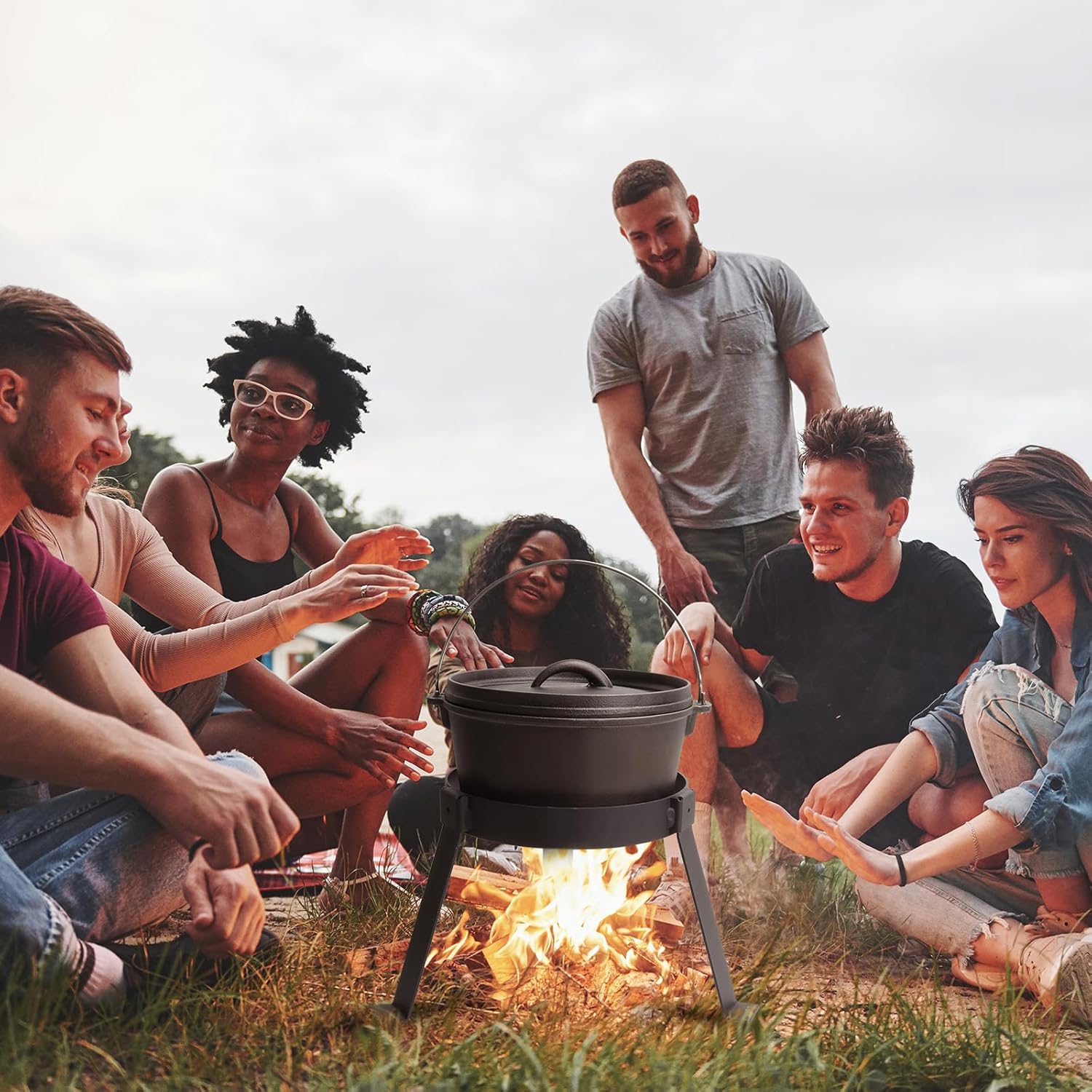 Juego de cocina para exteriores, kit de fogata, equipo de cocina de campamento con trípode de fogata para horno holandés, olla de hierro fundido,