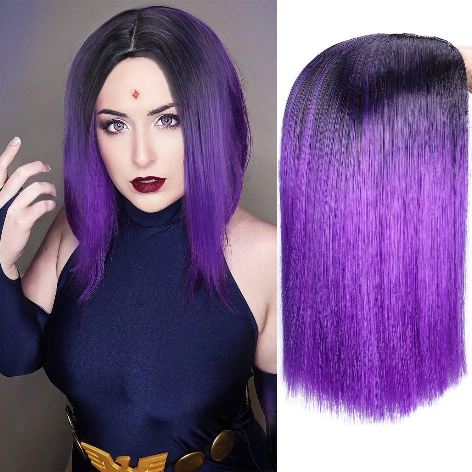 Fancy Hair Peluca de color morado corto y recto, parte media, longitud al hombro, raíces oscuras moradas, pelucas sintéticas naturales para mujeres,