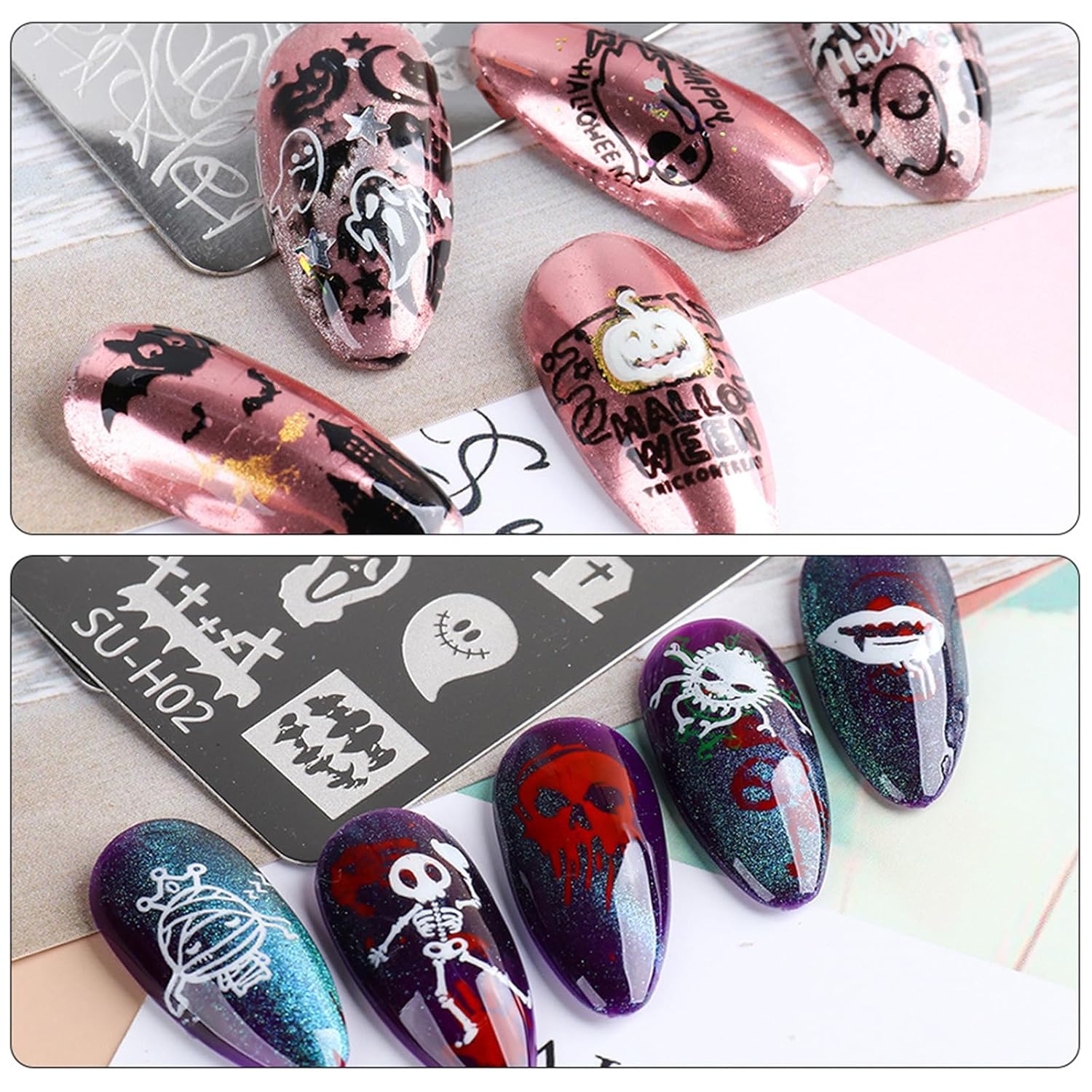 Placa de estampado de uñas de Halloween, 6 placas de uñas + 1 sello de uñas + 1 raspador de uñas de terror para Halloween, kit de sello de uñas de