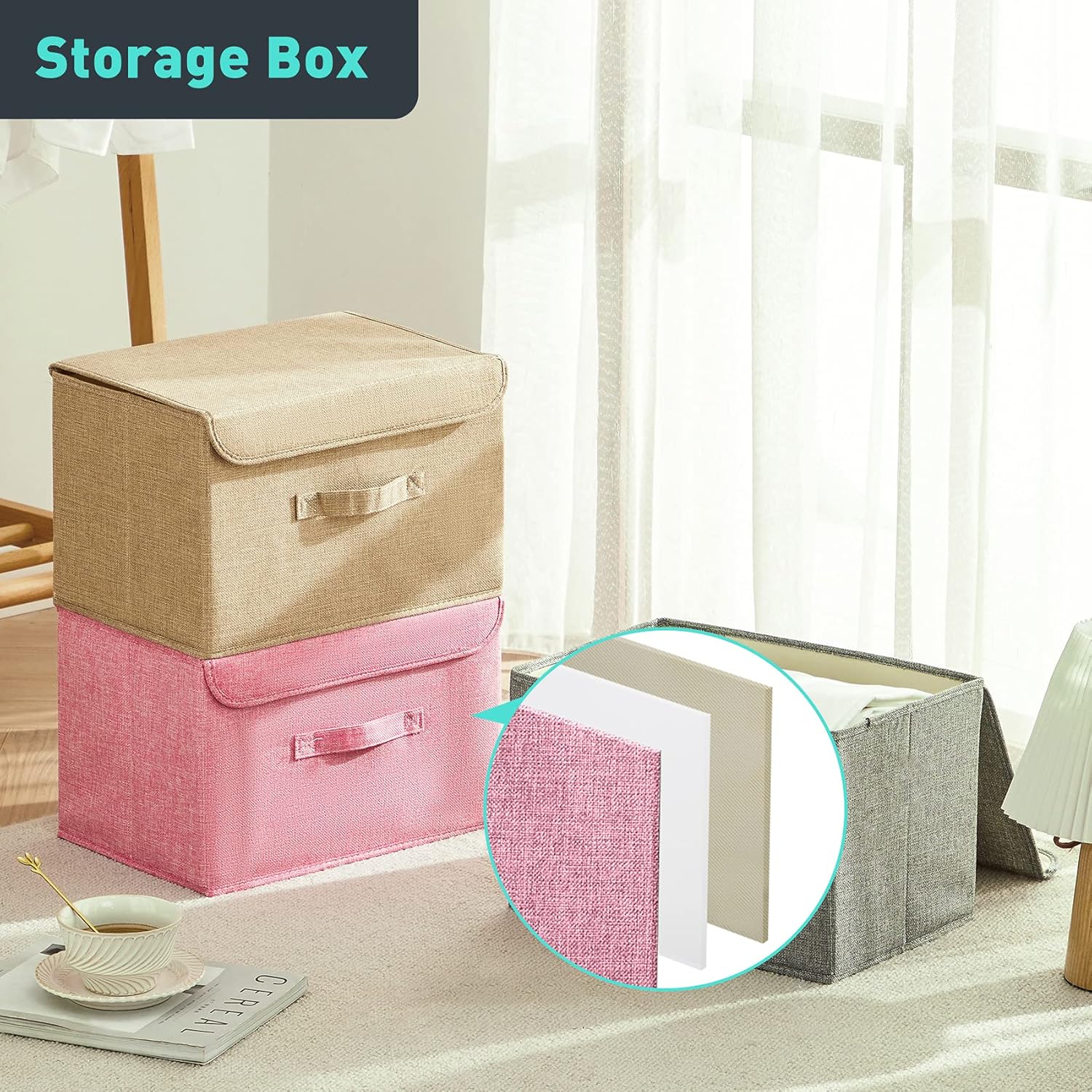 FUDDE Caja de almacenamiento de tela plegable paquete de 2 cajas de almacenamiento a prueba de polvo con tapa abatible, puede almacenar ropa,