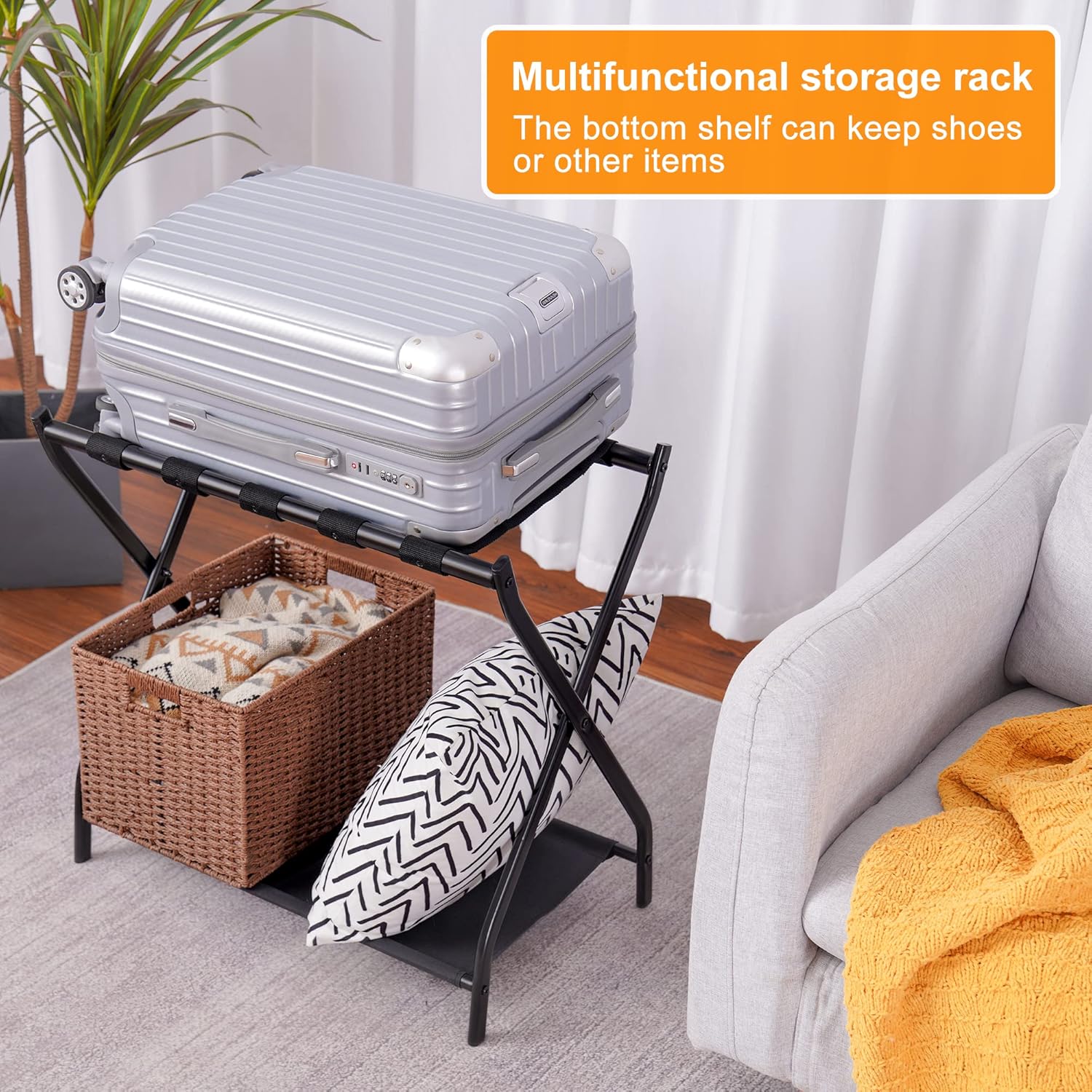 Heybly Portaequipajes, paquete de 2, soporte plegable de acero para maleta con estante de almacenamiento para habitación de invitados, dormitorio,