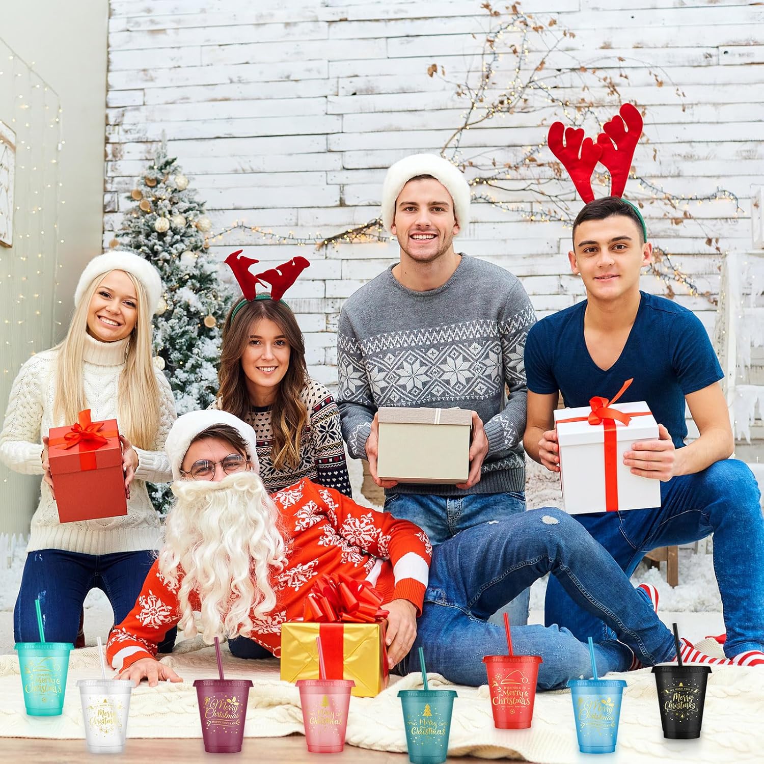 Hsei 24 vasos navideños con purpurina con popote y tapa, vasos de plástico con tapas y pajilla, botella de agua reutilizable a granel, taza de viaje