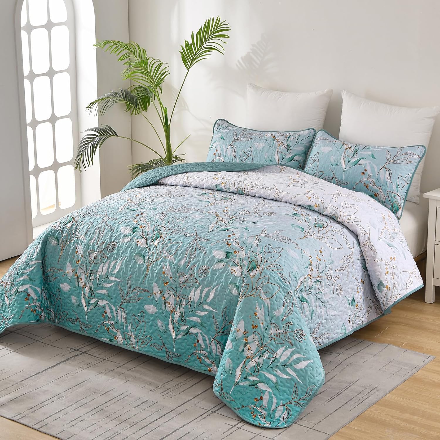 Aninbedding – Juego de edredón floral tamaño King, juego de colcha de 3 piezas con patrón botánico verde aguamarina para todas las estaciones, juego