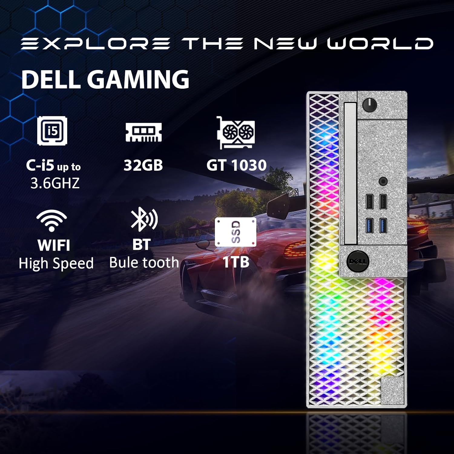 Dell Computadora de escritorio para juegos RGB, Intel Quad Core I5-6500 hasta 3.6GHz, GeForce GT 1030 2G, 32GB DDR4, 1T SSD, teclado y mouse RGB,