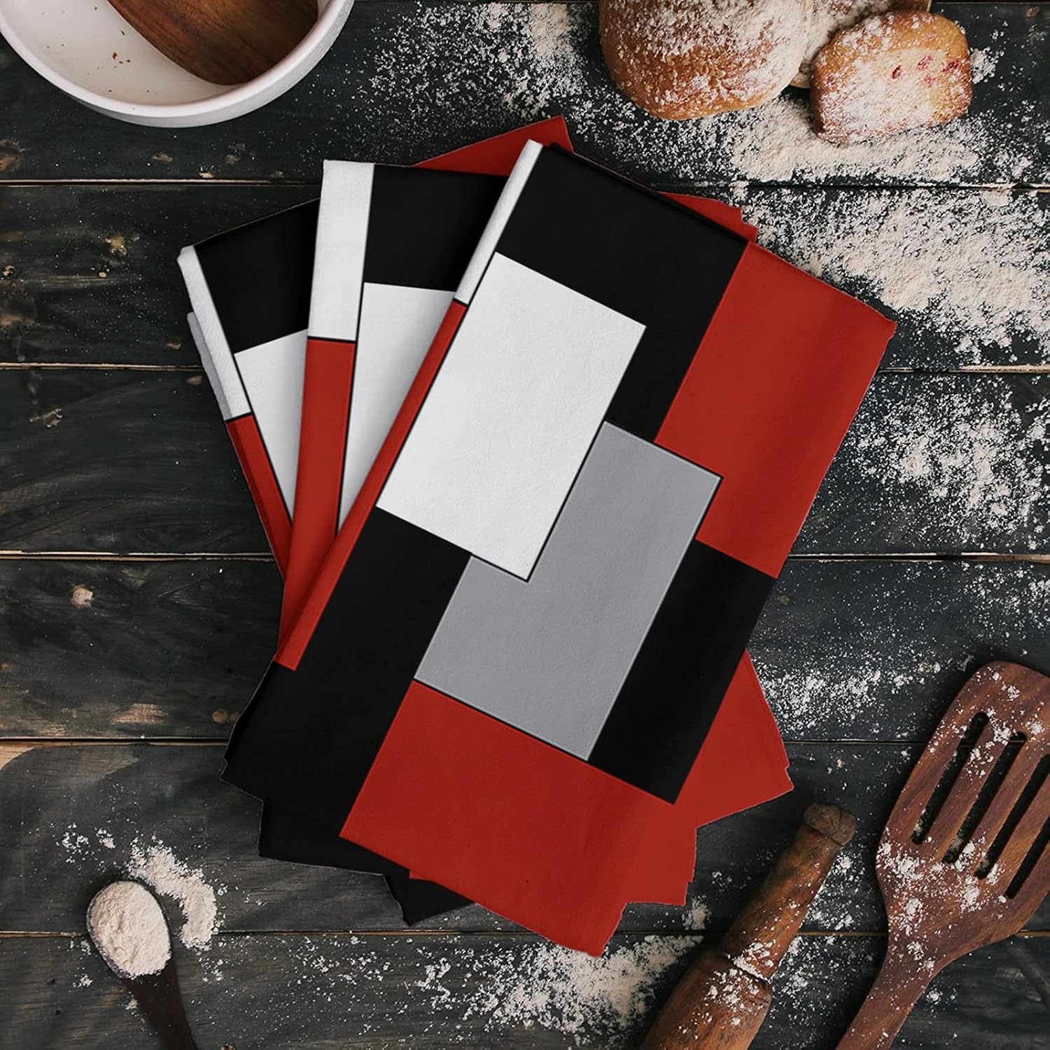 Juego de 2 toallas de cocina y paños de cocina, blanco, gris, negro, rojo, abstracto, irregular, geométrico, de 18 x 28 pulgadas, toallas de mano