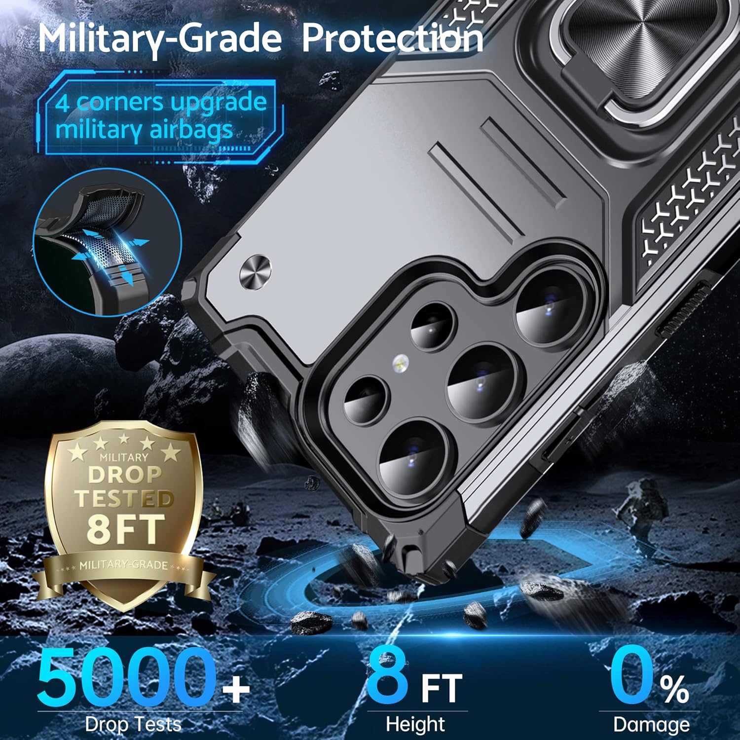 Anqrp Funda para Galaxy S23 Ultra, funda protectora de grado militar con anillo de metal giratorio soporte magnético compatible con Samsung Galaxy