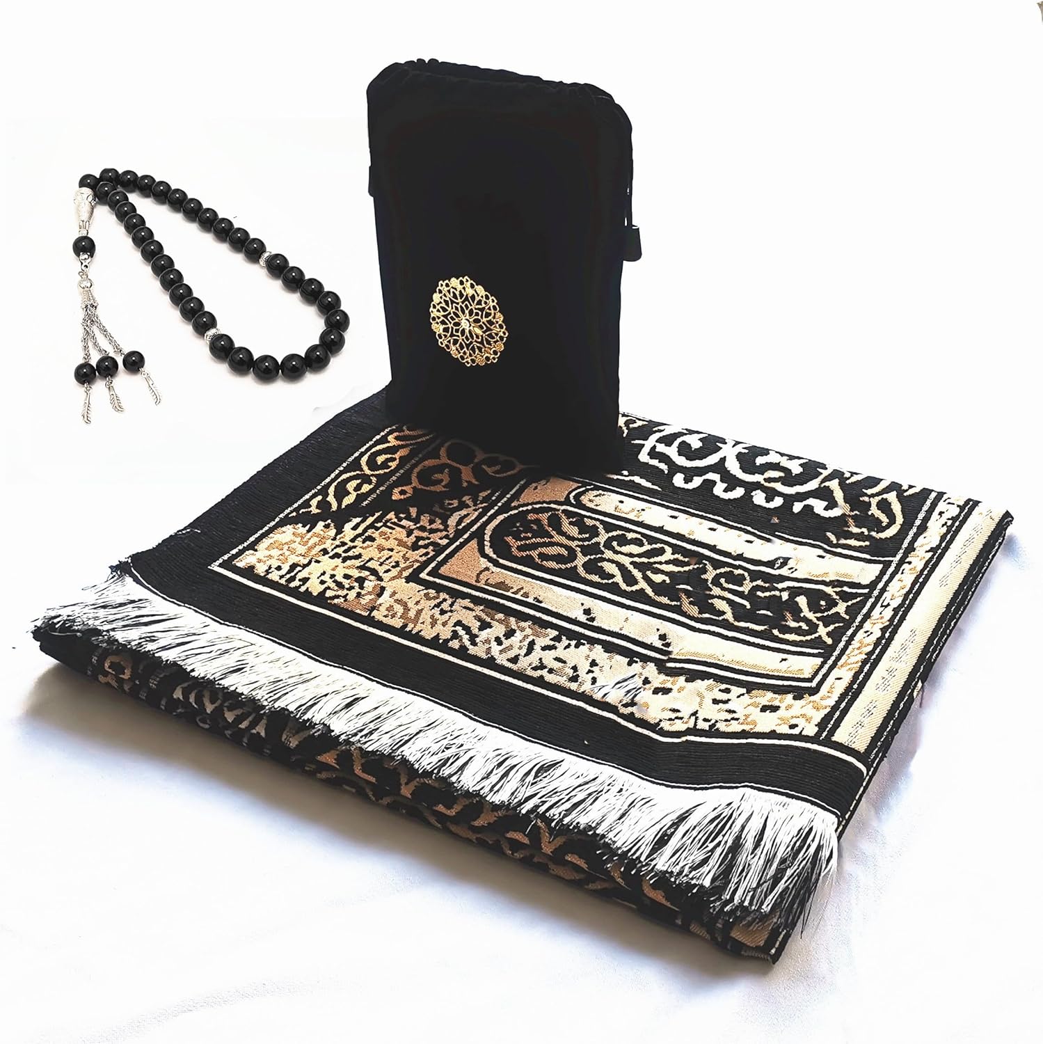 SHUKRAN Prayer Rug Muslim Prayer Mat with Bag & Prayer Beads for Kids Men Women – Soft Thin Prayer Matt Islam for Eid Travel Ramadan Perfect Islamic