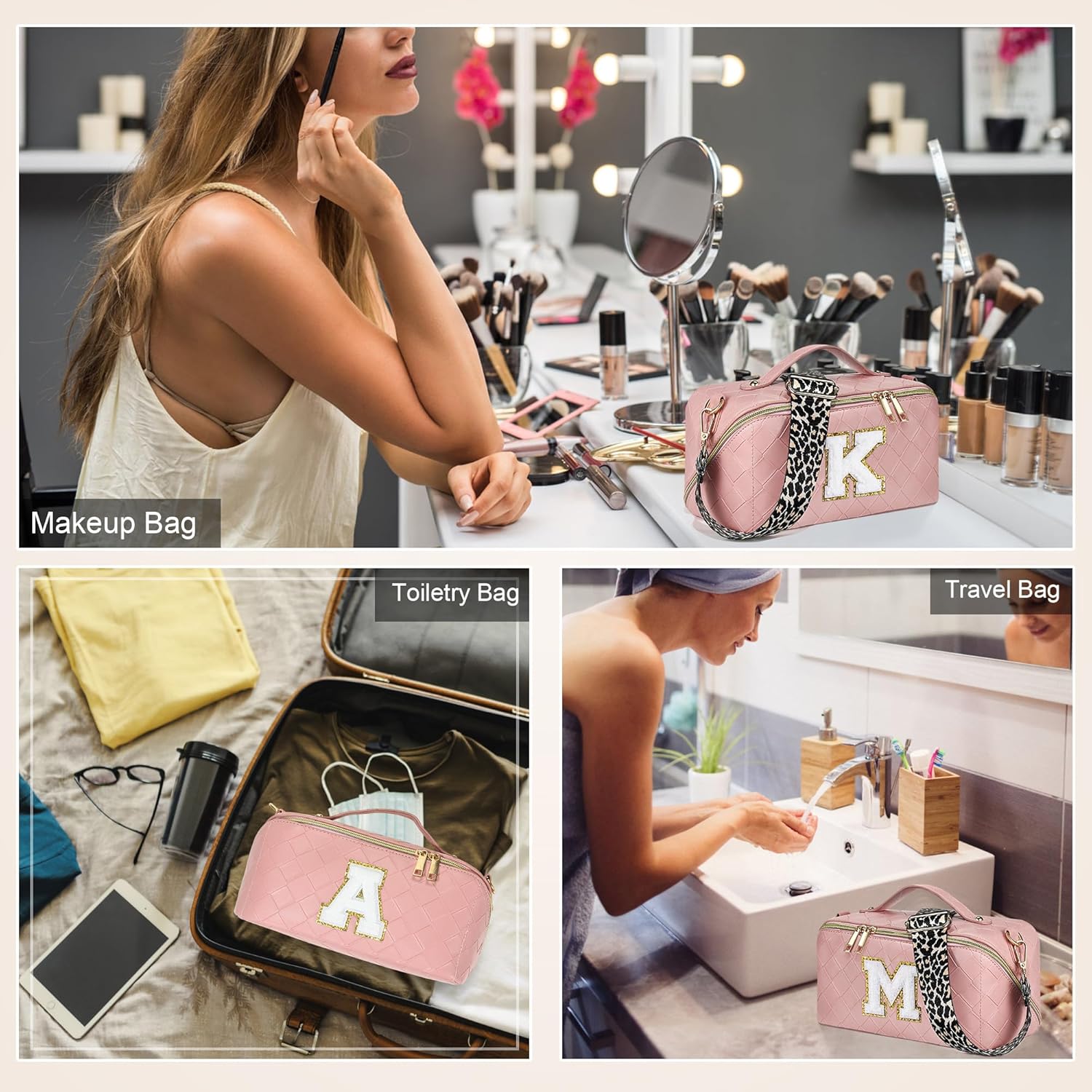 YOOLIFE Bolsa de cosméticos de viaje de gran capacidad  Bolsa de maquillaje portátil con inicial para mujer, bolsa organizadora de maquillaje de