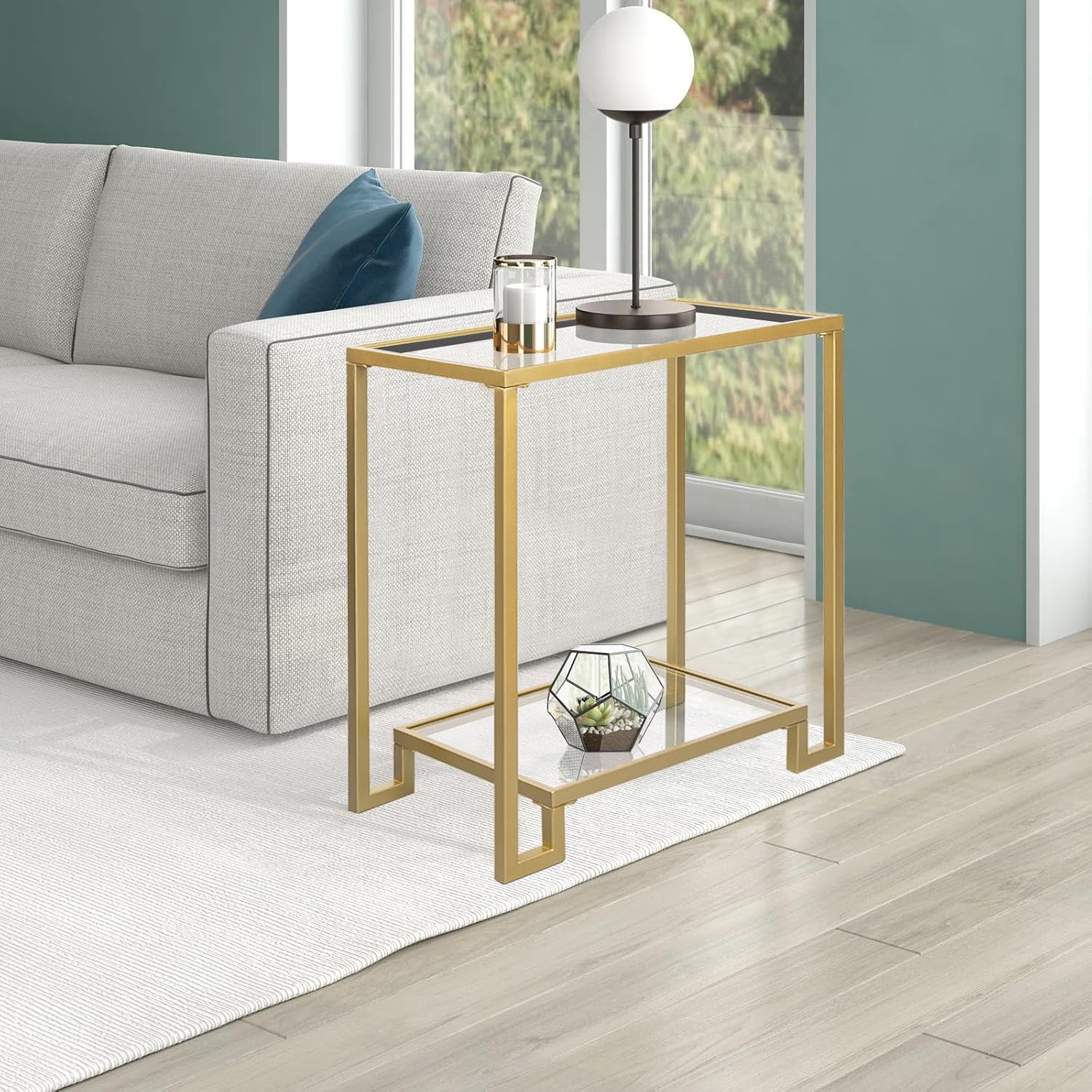Mesa auxiliar rectangular de 2 niveles, mesa auxiliar dorada con parte superior de cristal, mesa de centro moderna de metal transparente, mesa