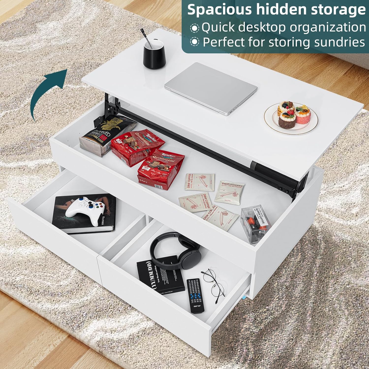 HOMMPA Morden – Mesa de centro elevable con almacenamiento oculto, mesa de centro LED de alto brillo, mesa de té de 3 niveles con mesas centrales de
