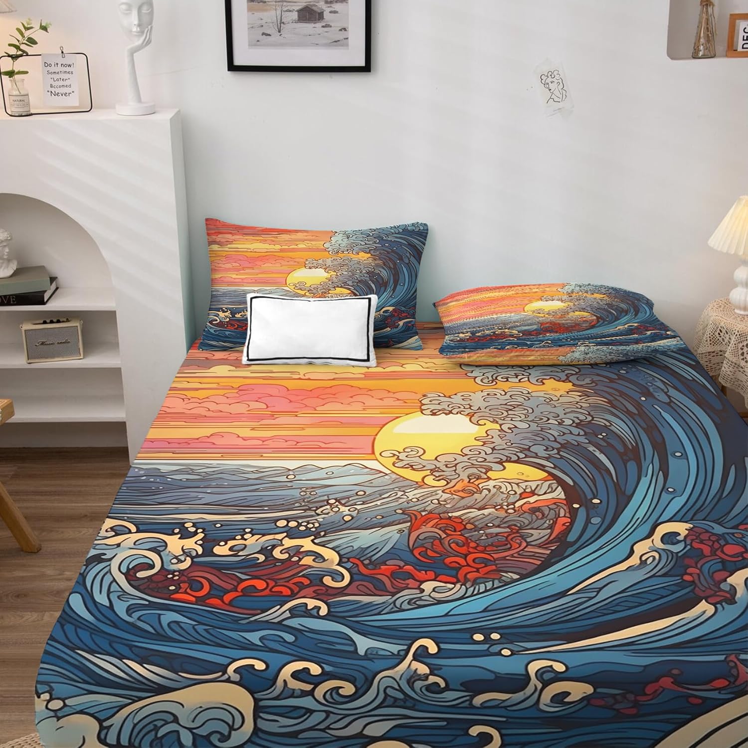 Waves Sábanas tamaño Queen, sábanas de cama con diseño de atardecer, juego de sábanas y fundas de almohada de 4 piezas, sábana bajera ajustable de