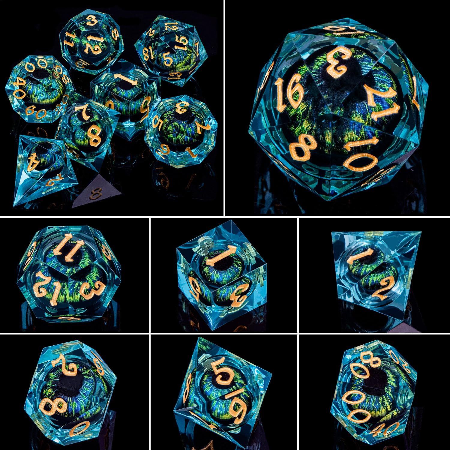 ARUOHHA DND – Juego de dados de ojo de dragón con núcleo líquido, resina azul, bordes afilados, con caja de regalo, dados poliédricos de Calabozos y