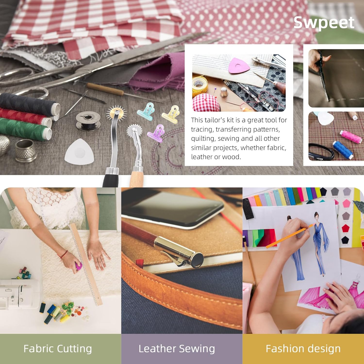 Swpeet Kit de regla de costura métrica transparente de 33 piezas con triangular, curva, regla de coma, clips de plástico de varios colores, tiza
