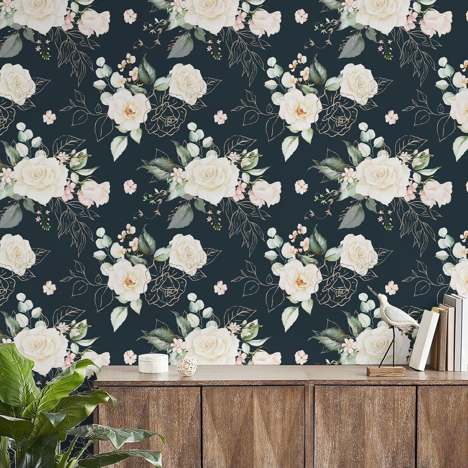 BaoHArtHome Papel tapiz floral para despegar y pegar, papel de contacto extraíble, hojas de oro negro, bohemio, fácil de despegar, autoadhesivo,