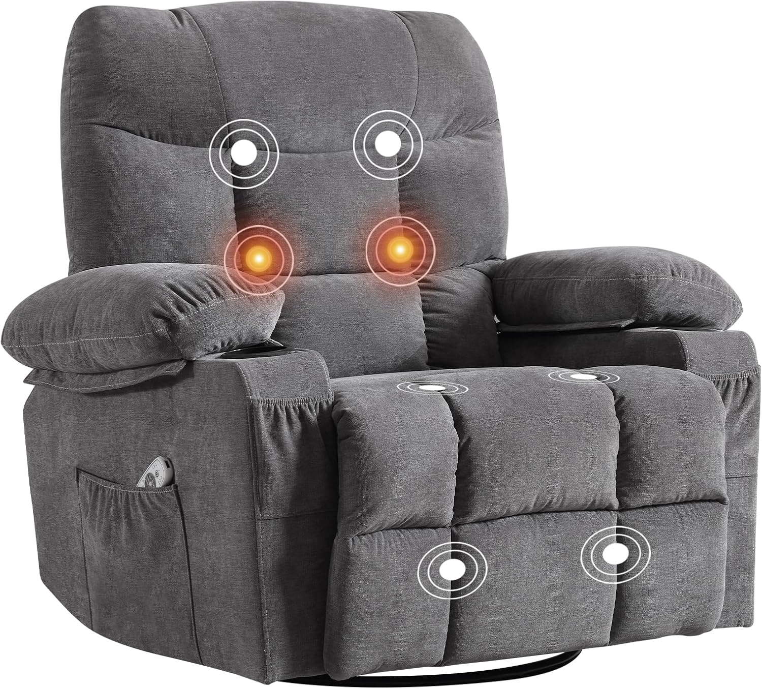Rocker – Silla reclinable giratoria con masaje por vibración para sala de estar con función de balanceo y bolsillo lateral, 2 portavasos, puerto de