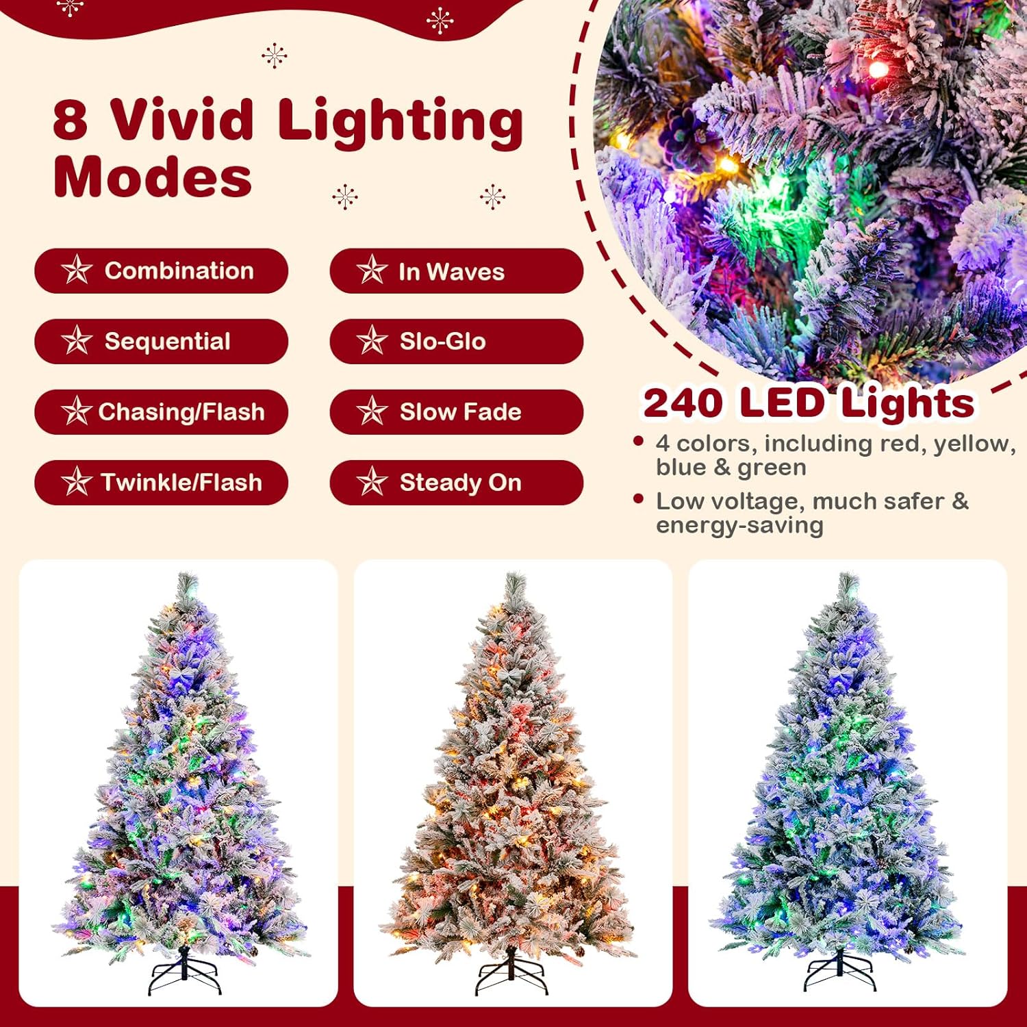 GOFLAME Árbol de Navidad artificial de 6 pies con agujas de pino, árbol de Navidad flocado de nieve con 850 puntas de ramas de polietileno y PVC,