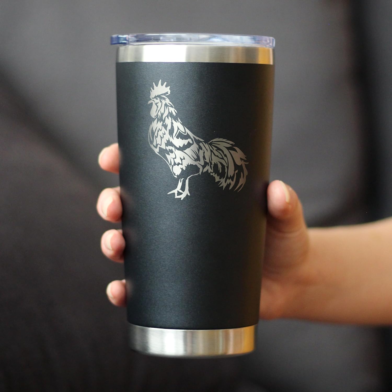 Rooster – Insulated Coffee Tumbler Cup with Sliding Lid – Stainless Steel Travel Mug – Chicken Gifts and Farm Décor for Women and Men – Black