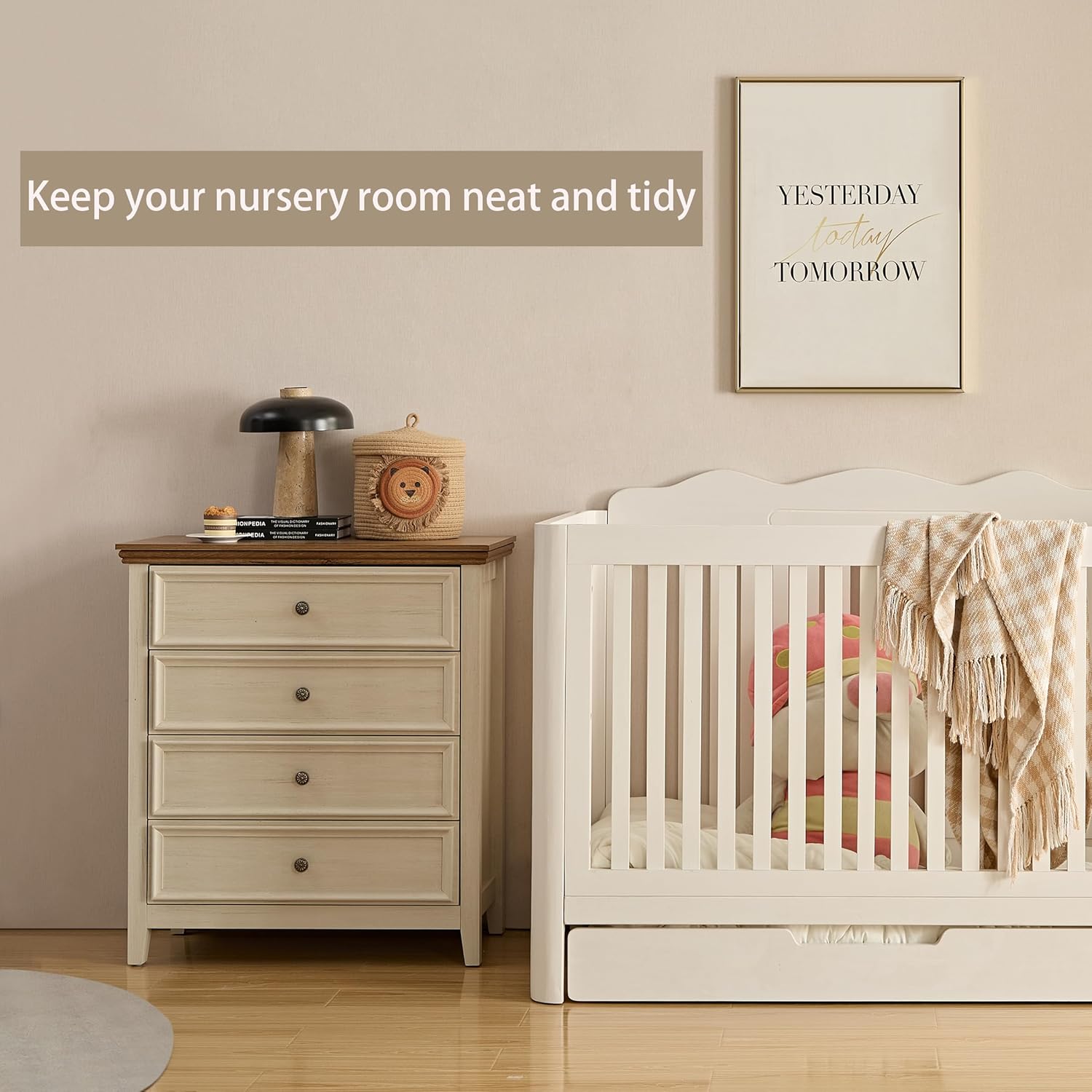 VAWEP Cómoda para dormitorio, 4 cajones, cómoda moderna de 4 cajones para sala de estar, armario de almacenamiento beige, mesita de noche alta para