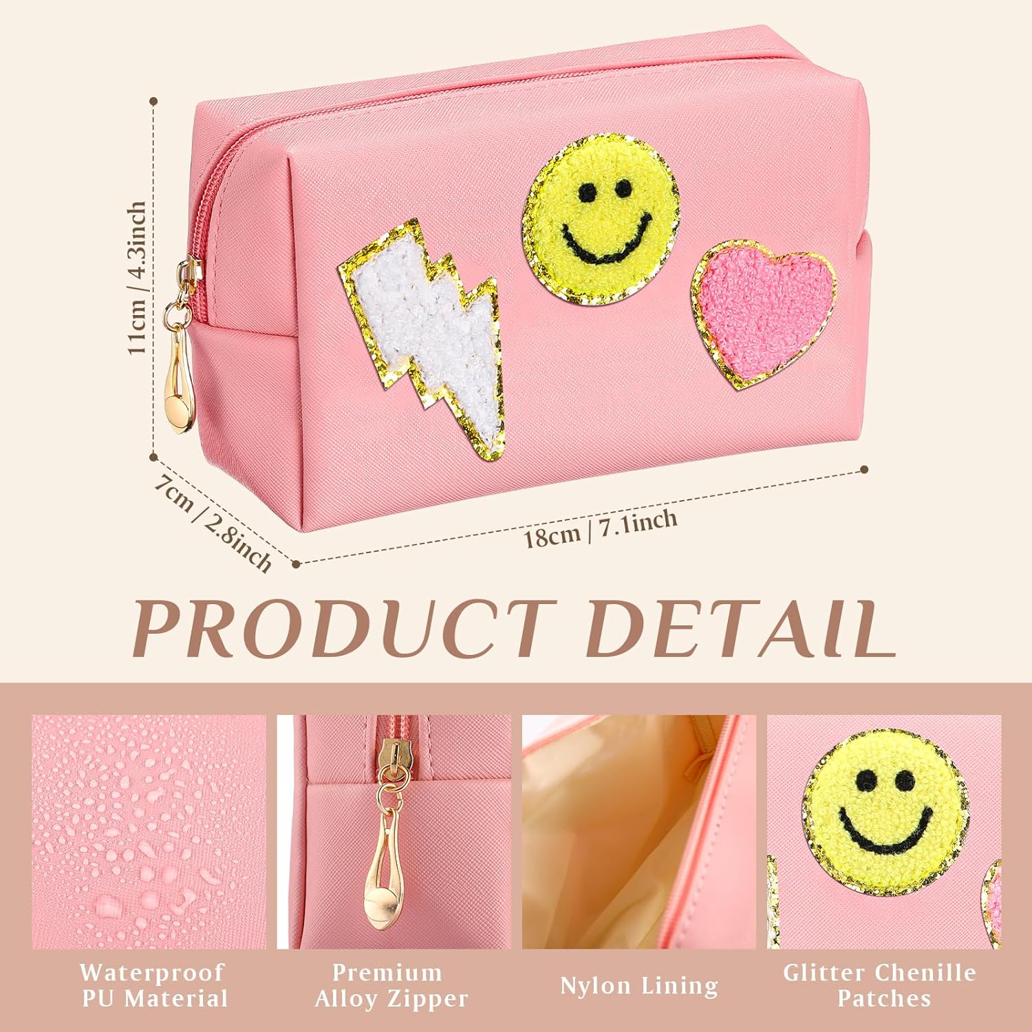 Silkfly 15 piezas de parche Preppy bolsa de maquillaje de letras de chenilla bolsa de cosméticos bolsa de aseo sonrisa rayo corazón PU pequeño