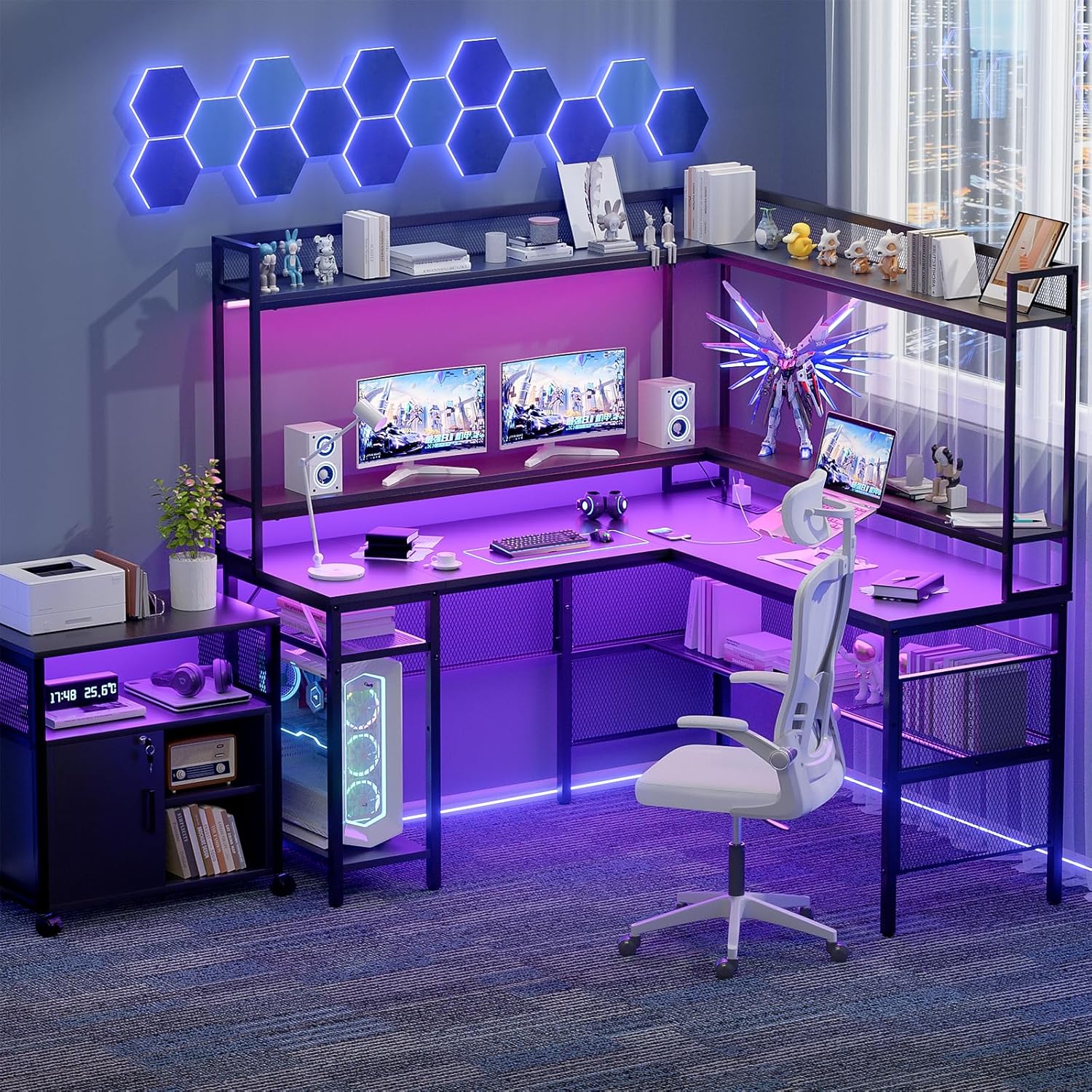 Unikito Escritorio para juegos en forma de L con luz LED, escritorio reversible para computadora con estantes de almacenamiento y soporte para