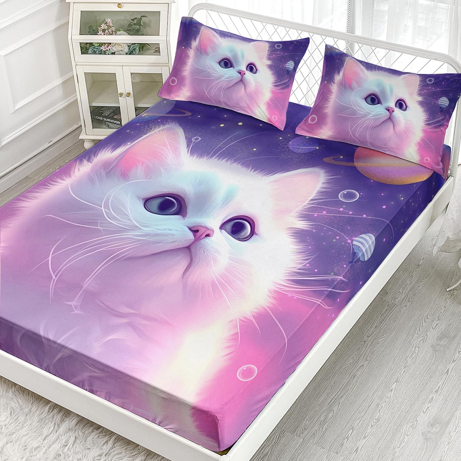 AILONEN Juego de sábanas bajeras de tamaño Queen, juego de sábanas de planeta de gato de ensueño para niños y niñas, juego de sábanas de 3 piezas