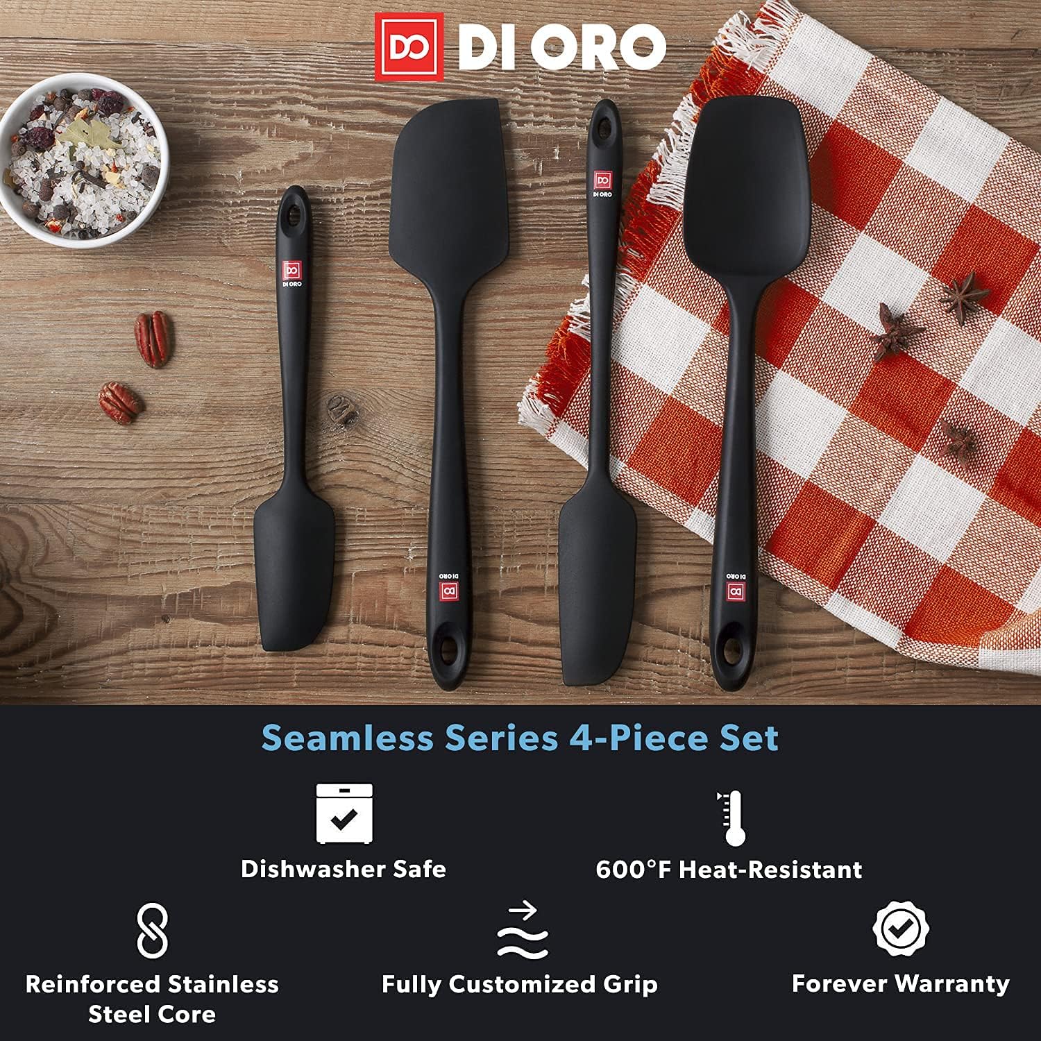 DI ORO – Juego de utensilios de cocina de silicona de 9 piezas, resistente al calor, antiadherente, flexible, espátulas de silicona sin costuras,