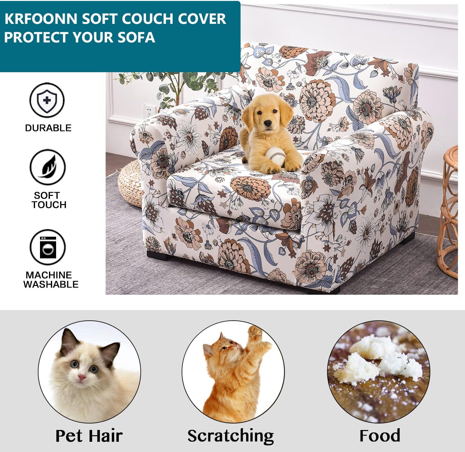 KRFOONN Fundas para silla de 2 piezas con estampado, fundas para sofá, fundas de sofá lavables, fundas protectoras de muebles con parte inferior