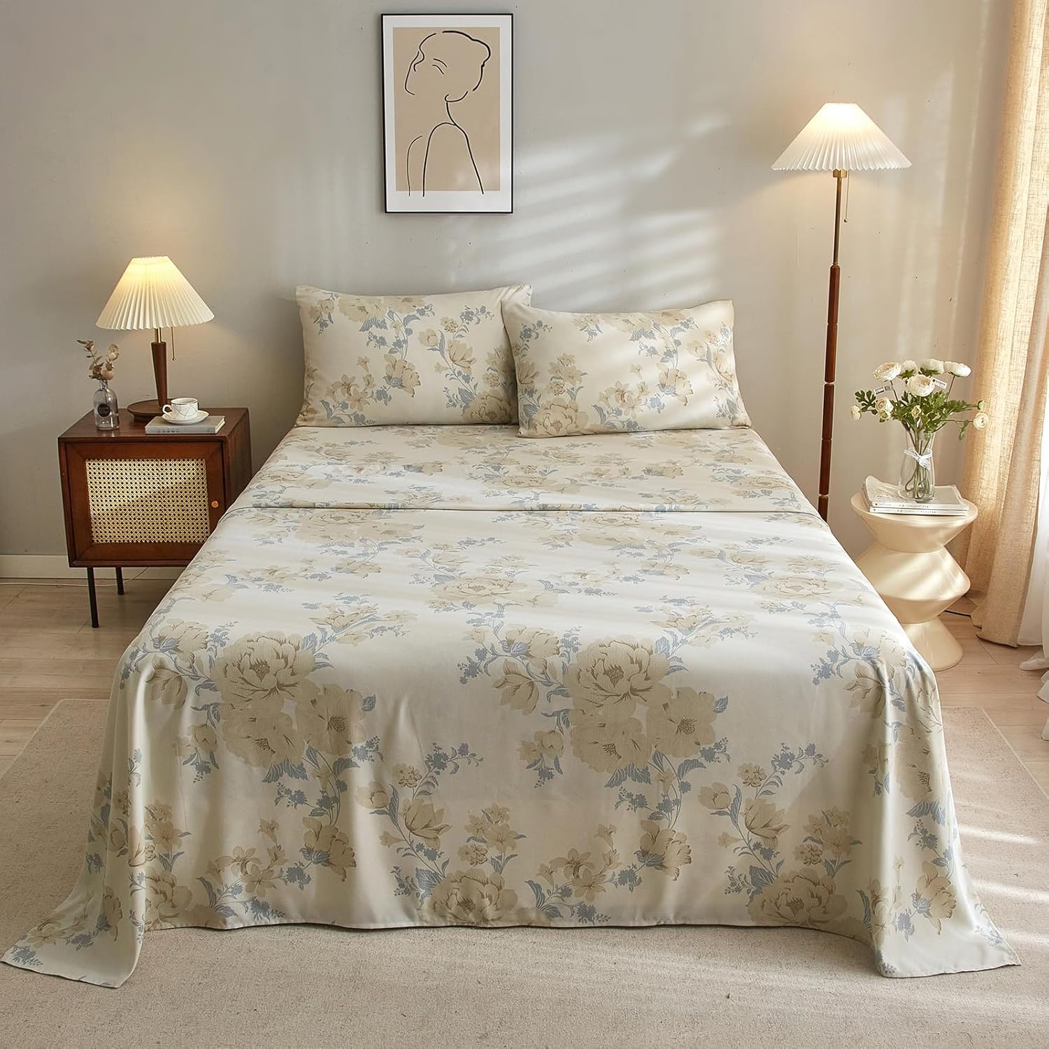 VClife Juego de sábanas de tamaño California King, ultra suaves con estampado floral beige, 4 piezas de bolsillo profundo, sábanas transpirables y
