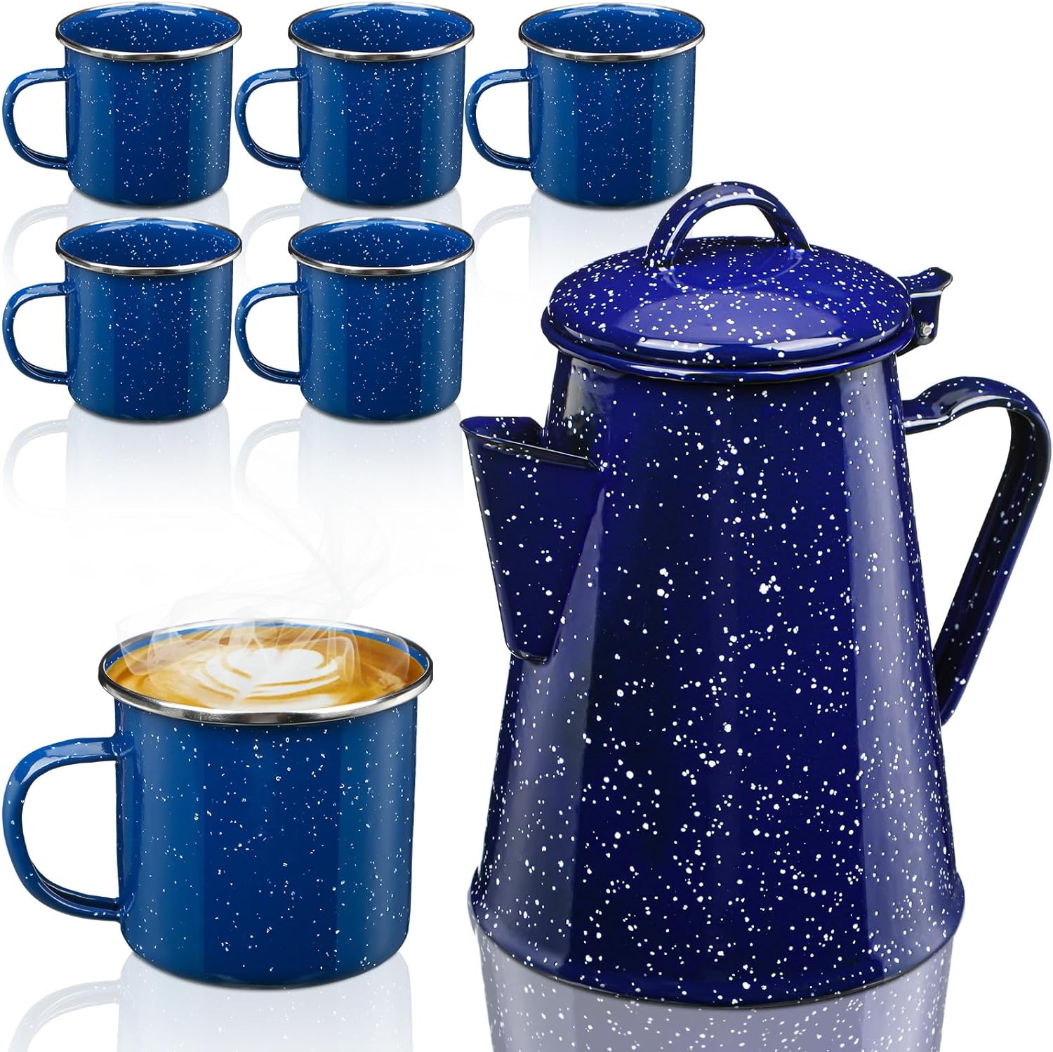Dandat Cafetera esmaltada de 12 tazas con 6 piezas de 12 onzas, tazas de café esmaltadas para campamento de té, para picnic, hogar, campamento,