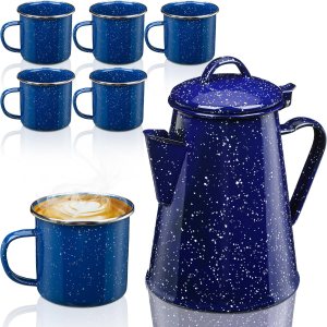 Dandat Cafetera esmaltada de 12 tazas con 6 piezas de 12 onzas, tazas de café esmaltadas para campamento de té, para picnic, hogar, campamento, Dandat Cafetera esmaltada de 12 tazas con 6 piezas de 12 onzas, tazas de café esmaltadas para campamento de té, para picnic, hogar, campamento,