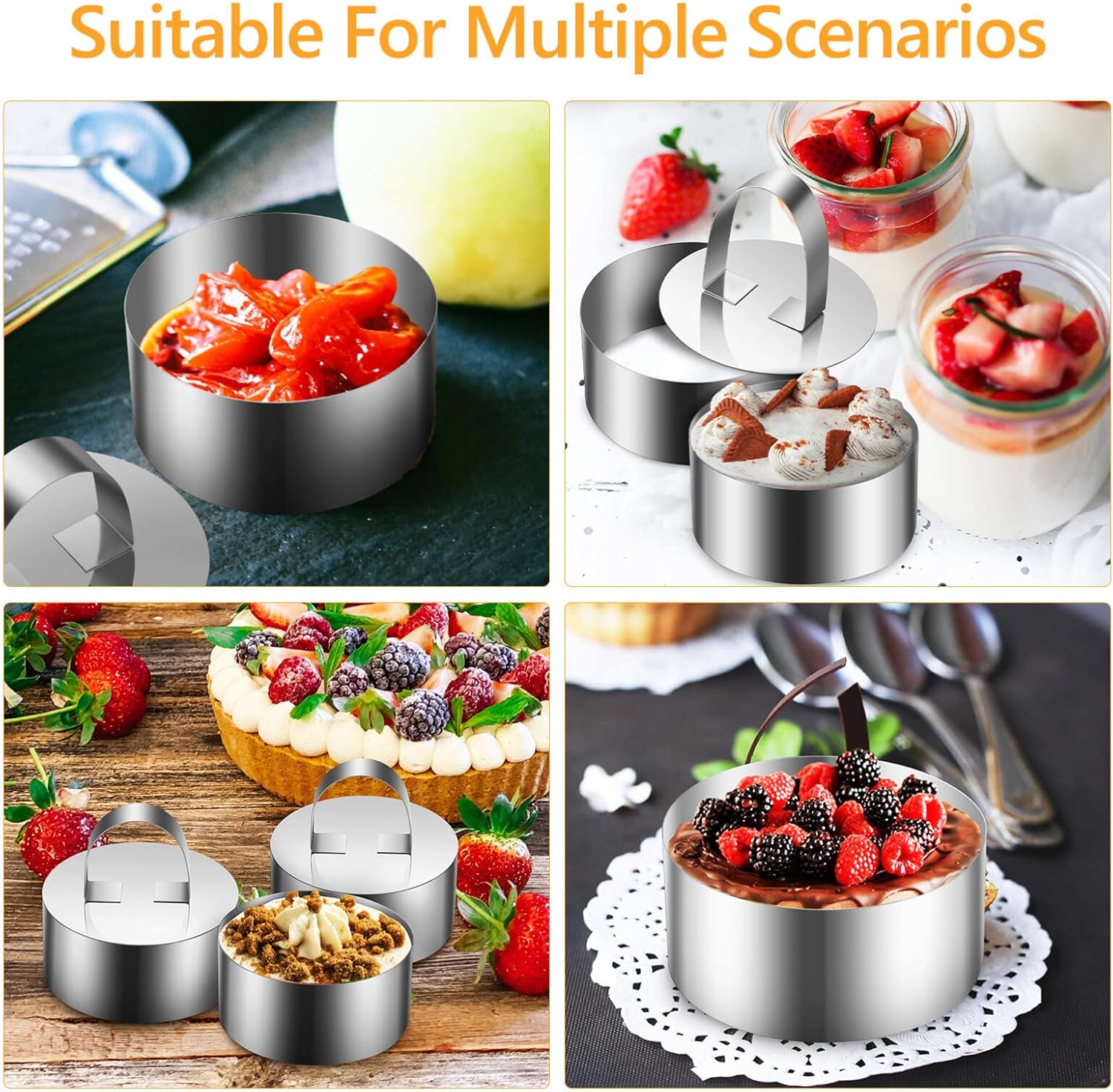 Moldes de anillo para hornear moldes redondos de acero inoxidable para mousse de postre de 3 pulgadas con empujador elevador de atún tartar, 8