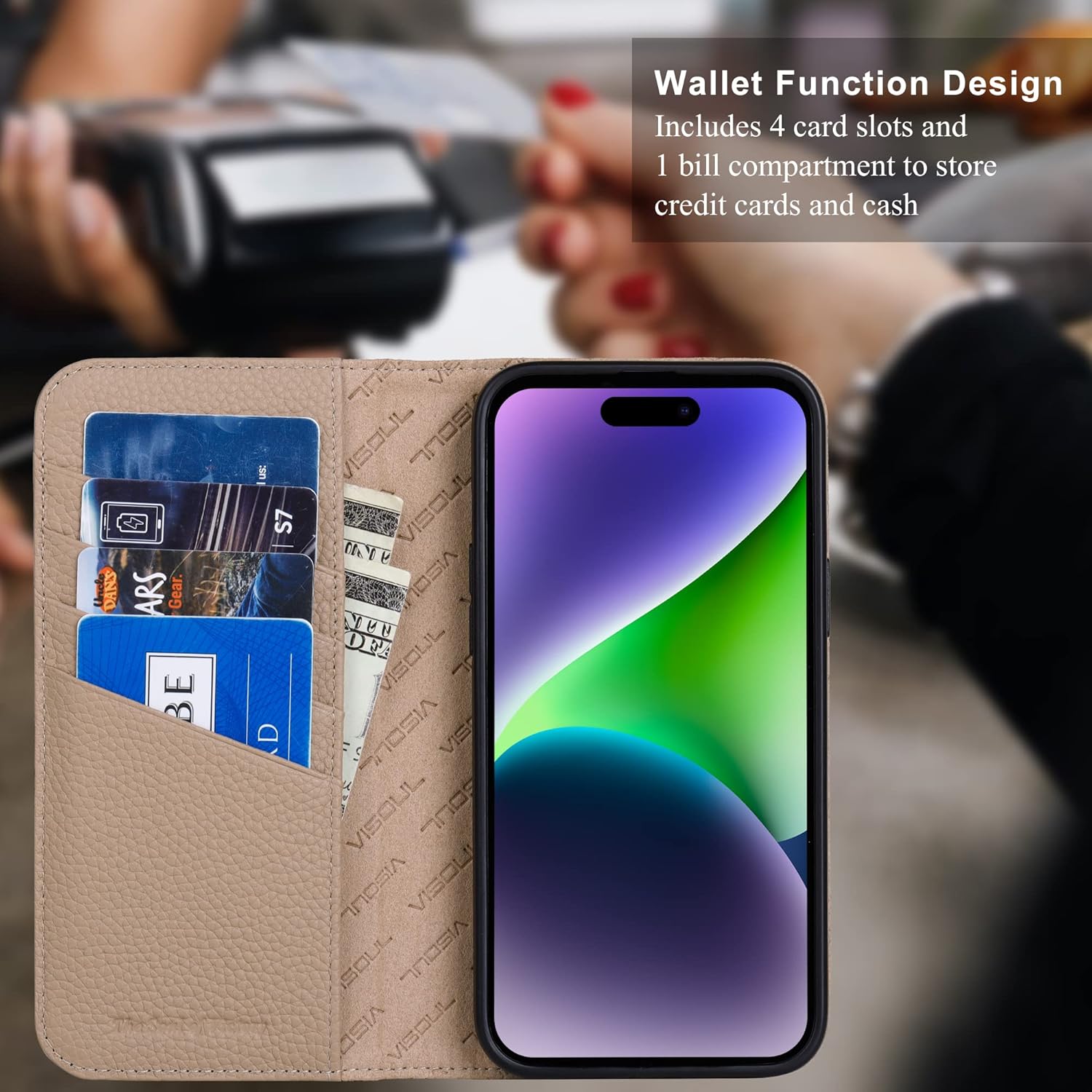 VISOUL Pebbled – Funda de piel auténtica para iPhone 15 Pro Max con soporte para tarjetas, funda magnética con función atril para iPhone 15 Pro Max