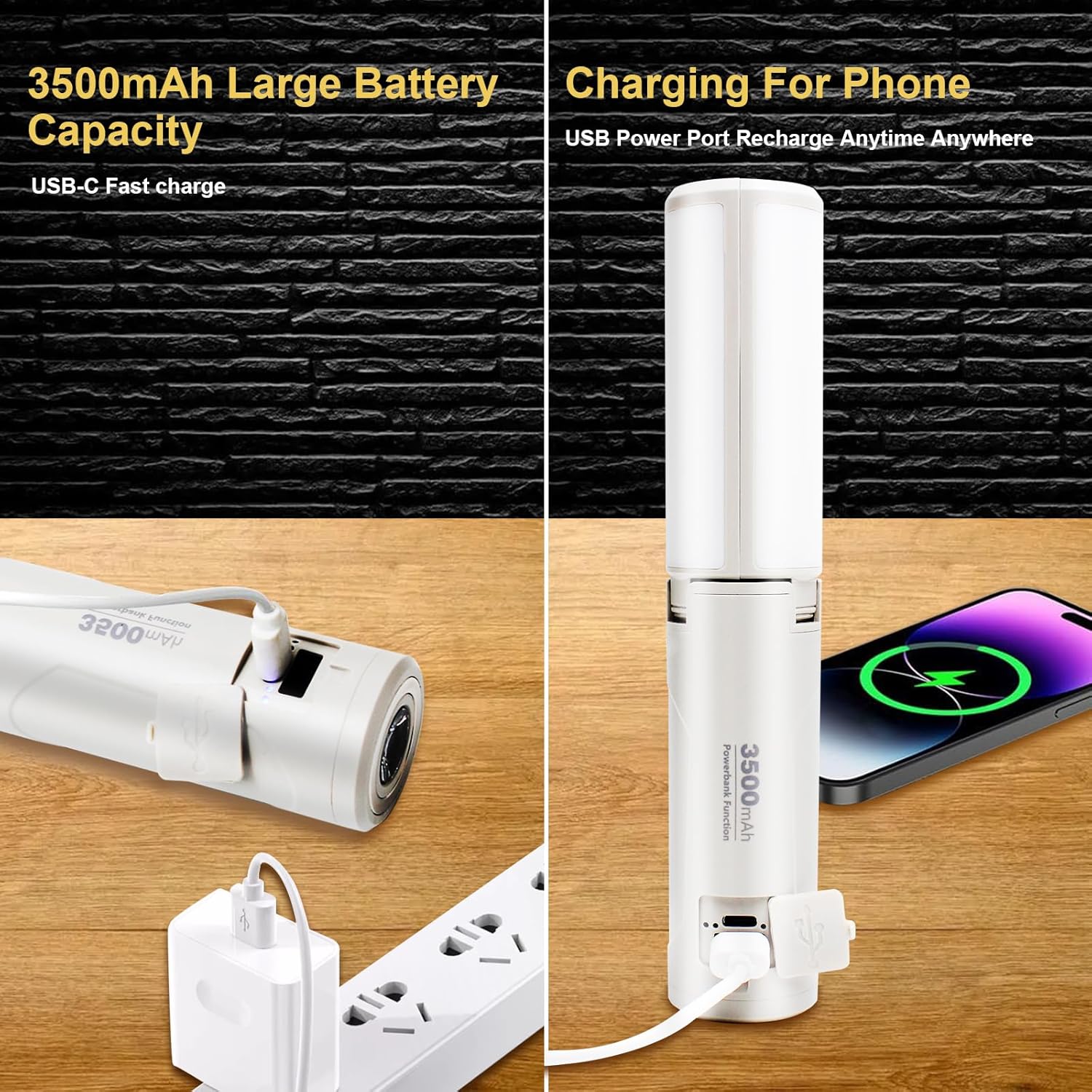 Linterna plegable recargable para campamento, 3 modos de iluminación con batería recargable de 3500 mAh, IP65 impermeable linterna portátil para