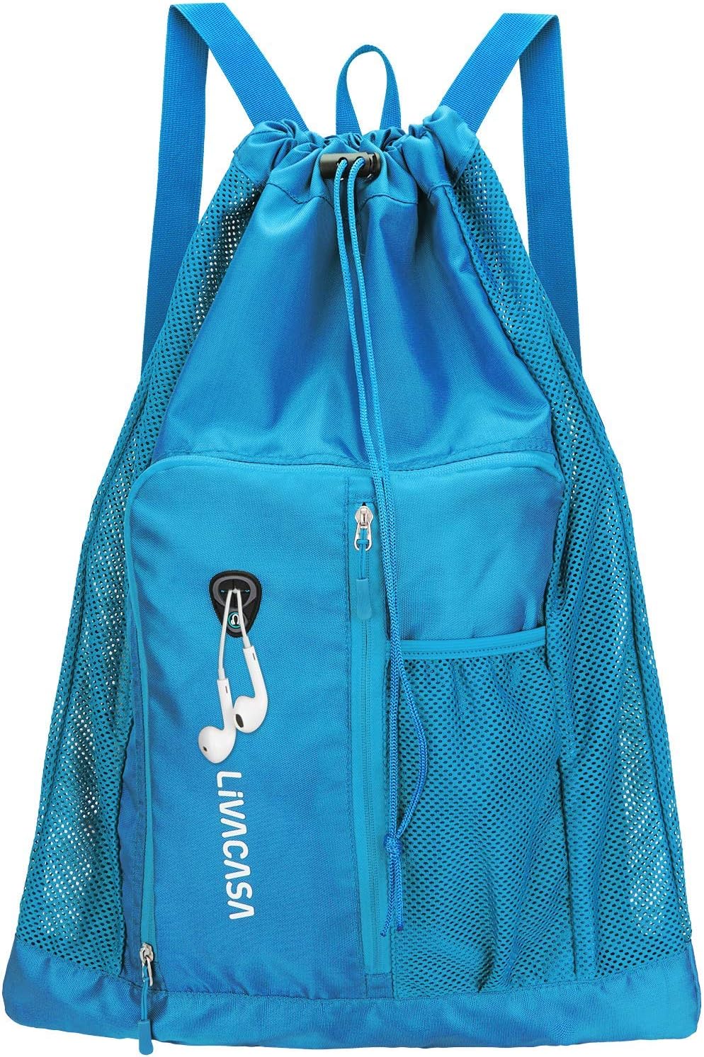 LIVACASA Mochila de malla con cordón de natación Mochila con bolsillo de malla de secado rápido Equipo de natación de malla Bolsa de playa Azul